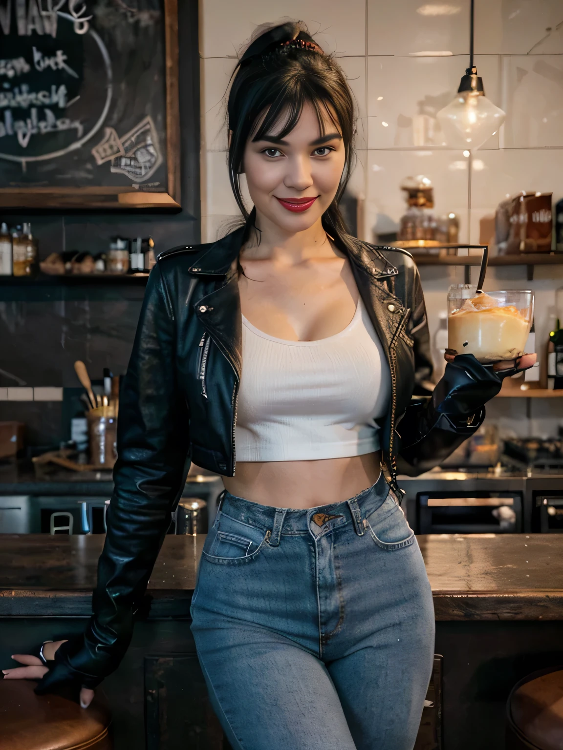 ((best quality)), ((masterpiece)), (detailed), perfect face tall skinny smiling Bettie Page wearing blue jeans, ponytail black hair, red lipstick ,((black gloves)),leather jacket and a white shirt standing at the bar alone in a cafe at night shot on kodak 400,The image, realistic hyper-detailed photo captured in stunning Ultra HD, 8k resolution, Nikon D850, — style raw — c 10 — ar 2:3 — s 250V