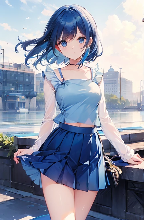 (cerulean blue satin tricot pleats skirt:1.5)