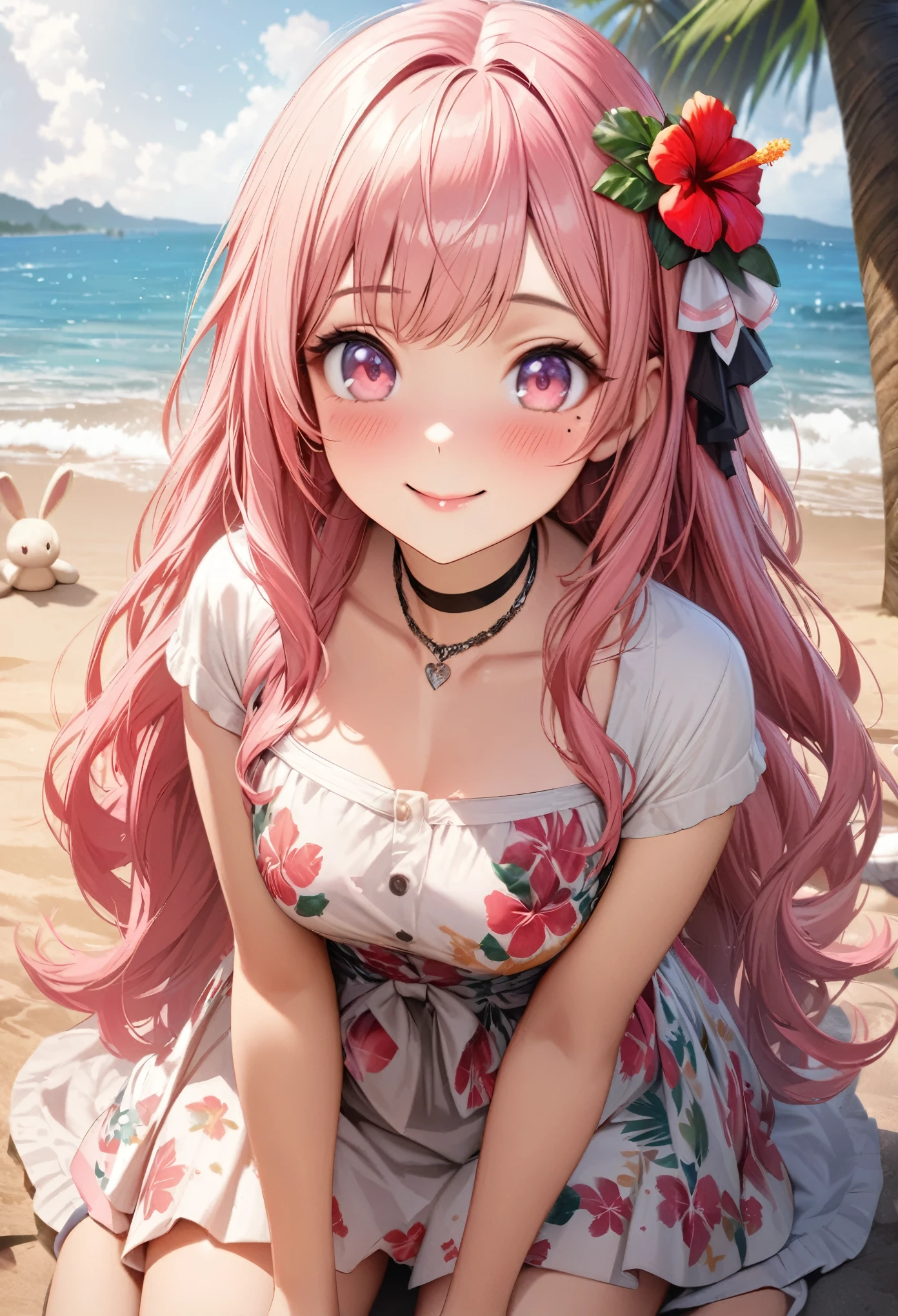 Masterpiece, Best Quality, Highly Detailed, High Definition, High Definition, High Definition, 4k, 8k, Unity 8K Wallpaper, Highly Detailed CG, Masterpiece, Realistic, Beautiful Details, Depth, Fine Texture, Best Quality: 1.3, Total concentration, perfect skin, boyfriend, very cute anime, cute like an idol, tall pink semi-long hair, one girl, Hawaiian dress, cute stuffed rabbit, stuffed sea turtle, palm tree, greeting, hibiscus hair decoration, smile, afternoon, coffeetime,long pink hair, whole body, mole under the eye, gaze, high, blush, lips parted, his art, pink eyes, choker