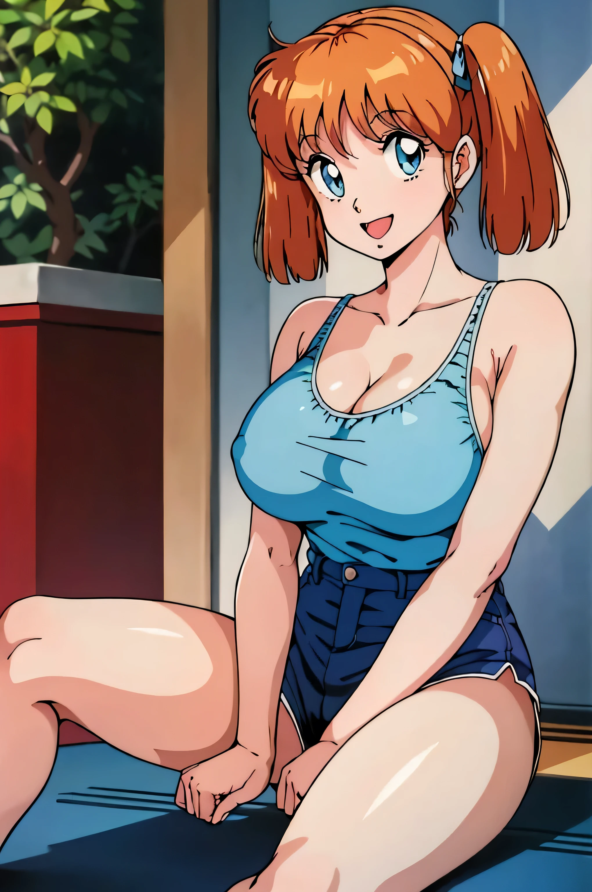 (Anime of Yatsu, Retro art style, Clean brush strokes, Very detailed, Perfect Anatomy, Browsing Caution), Dormitory of background, (tomo, 1 daughter), Eyebrows visible through hair, bangs, Dark brown hair, (blue eyes), (Beautiful and detailed:1.2)of), Looking at the audience, Open your mouth (smile:1.5), (Sitting, Spread your legs wide), (Beautiful body, Smooth curve of, Perfect figure), Tank top, (Huge breasts:1.2, Tension of shape), (Mini pants, Denim),