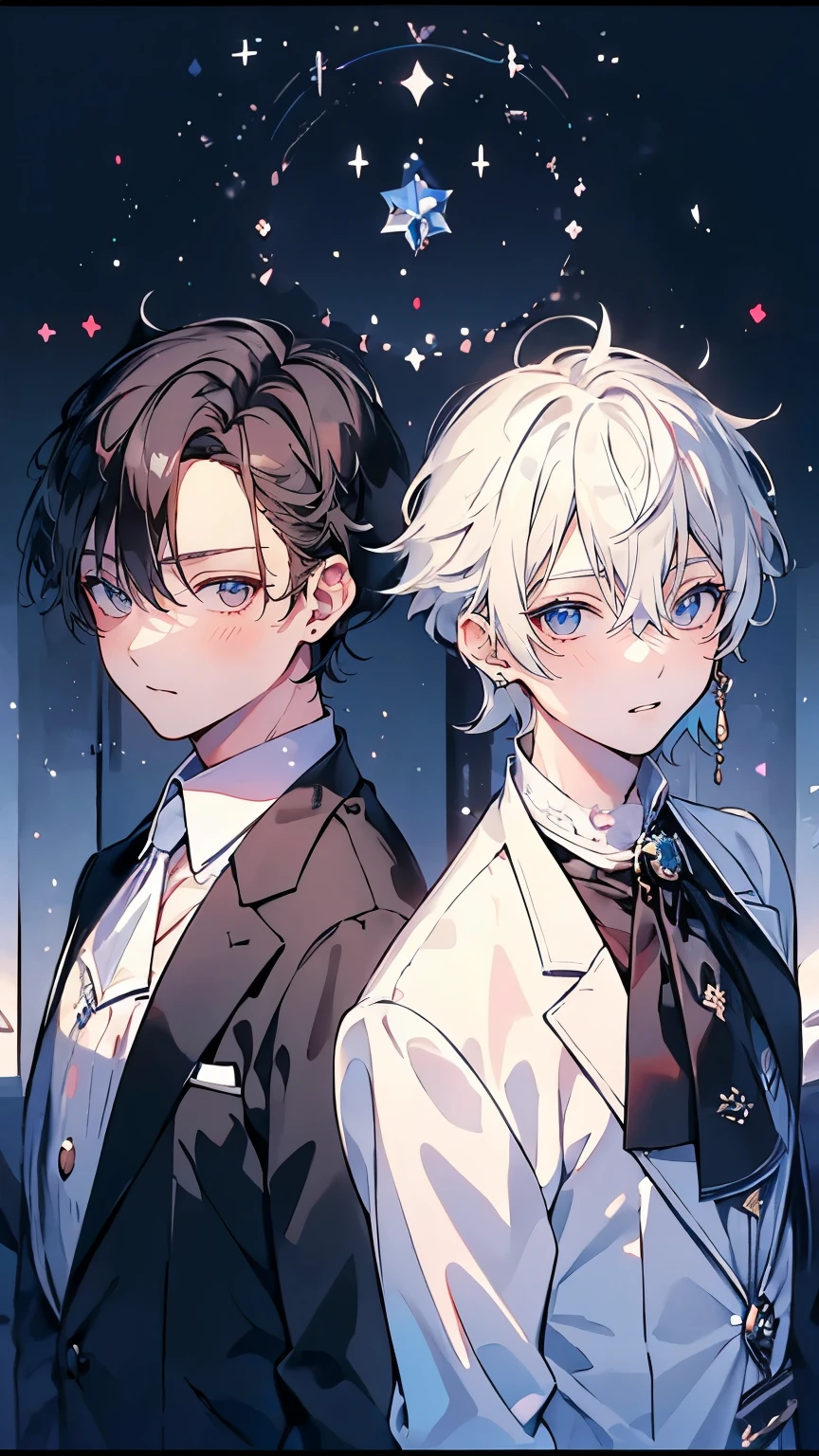 (Mastepiece), (Best Quality), Very detailed, ((Two friendly men:1.5)), Perfect Face, Beautiful Face, Very detailed顔，(Black Haired Man:1.3)，(Man with white hair:1.3)，suit，shirt