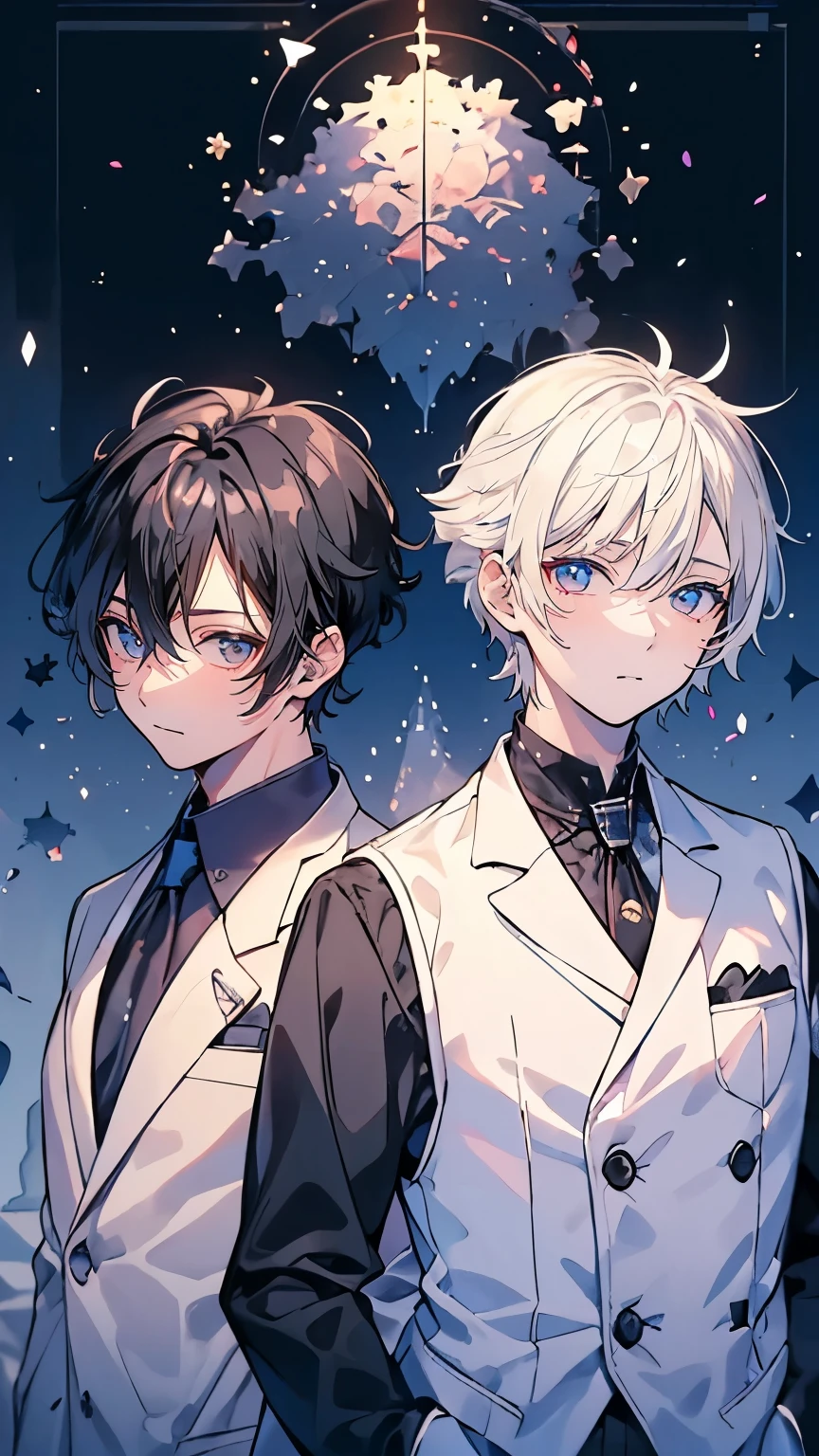 (Mastepiece), (Best Quality), Very detailed, ((Two friendly men:1.5)), Perfect Face, Beautiful Face, Very detailed顔,(Black Haired Man:1.3),(Man with white hair:1.3),suit,shirt