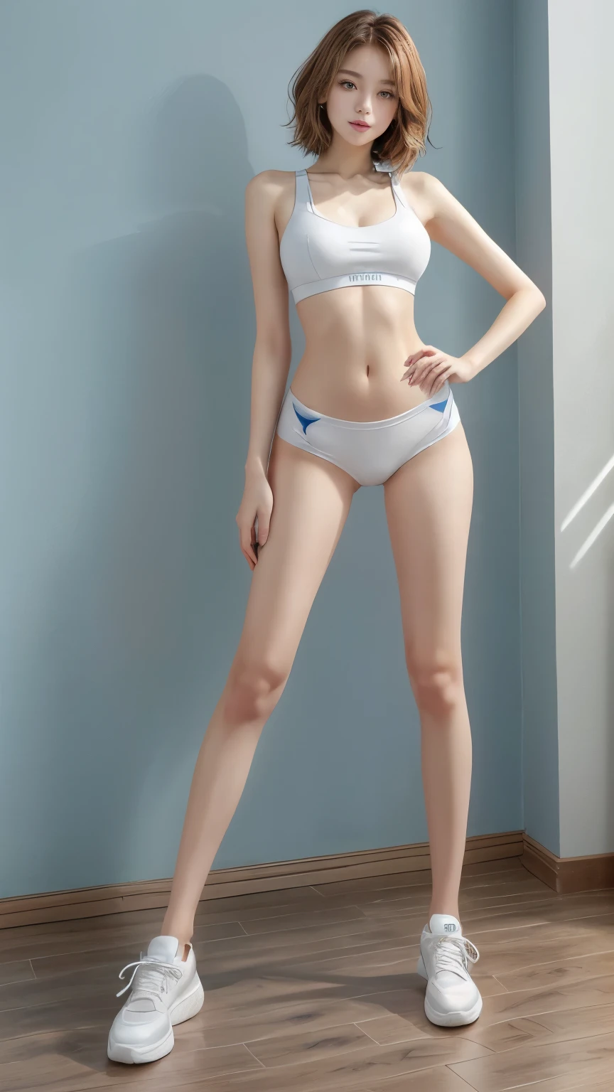 a woman full body for a picture, (Wearing a white sports bra and white sports ビキニ:1.5), Long legs, Slim girl model photo, Feminine slim figure, Very leggy woman、Hands on hips、(Light Brown hair、hair Behind ear、Short Bob)、doyago、In front of a Blue wall with many scales、Slightly blurred background、(Impressive long legs:1.7)、Long arms、Wide Hips、Tight waist、sneakers、Full Figure、