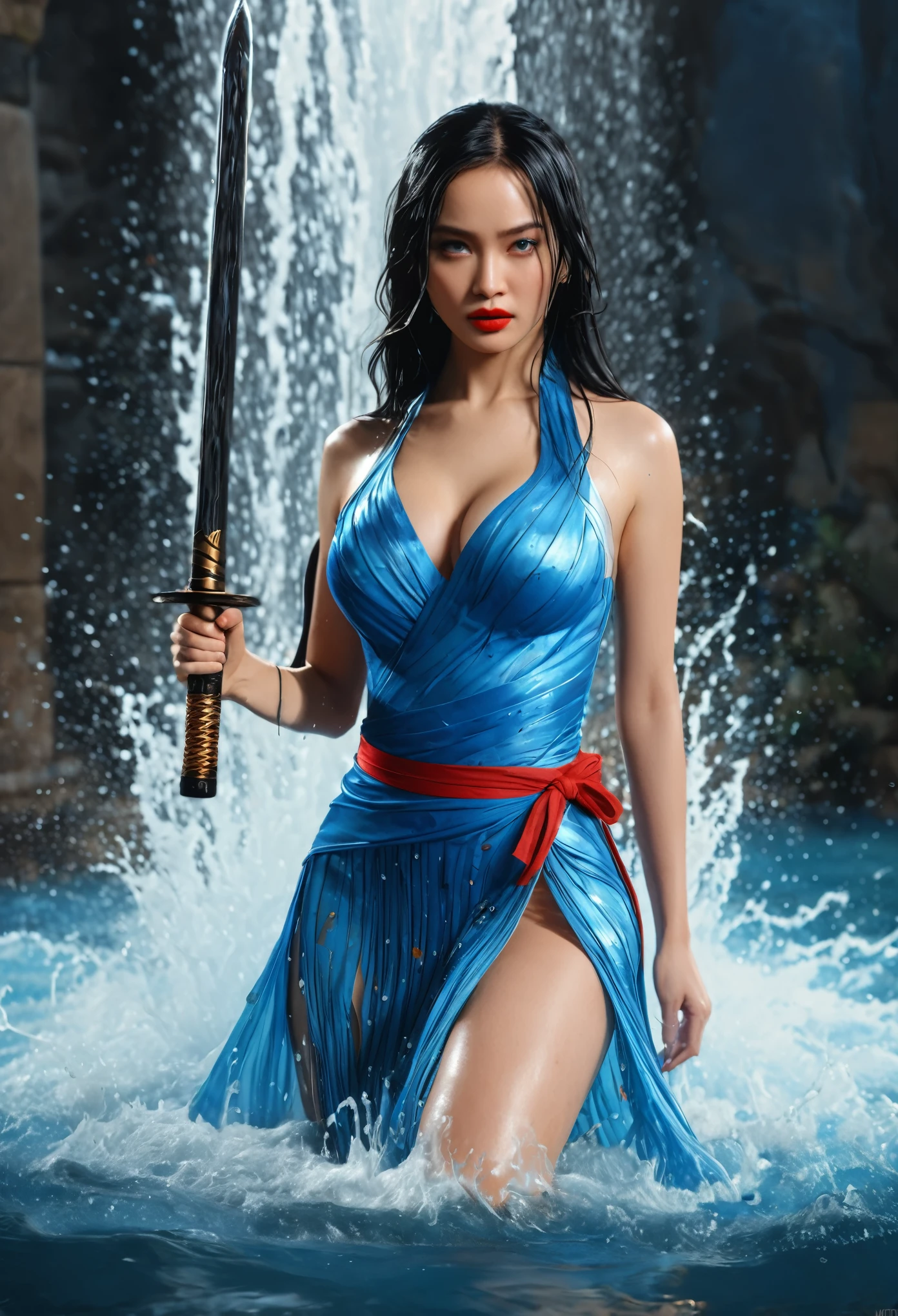 (Extremely detailed CG Unity 8K wallpaper,masterpiece, best quality, Super detailed),(incredible lighting, Dynamic camera angles),Water sword, blue water splash,stream, flowing water,Large Breasts, Beautiful girl with long black hair, Oval face,Phoenix Eyes,high nose,Red lips,Elegant martial arts dress,watercolor,Advanced film texture