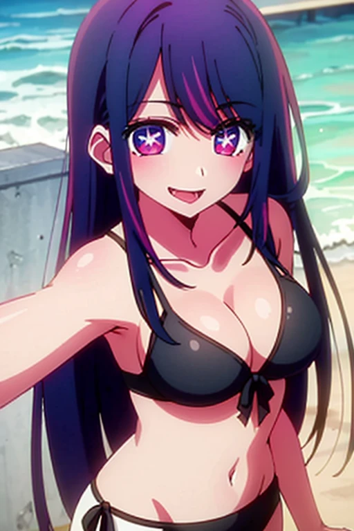 masterpiece, highest quality, High resolution、Very detailed、(One Girl:1.2)、Purple Hair、bikini,Cleavage,Big Tits,Big eyes、Close-up、Mischievous Smile、8k 、ai hoshino、Summer sea、Star Eyes,Composition from above