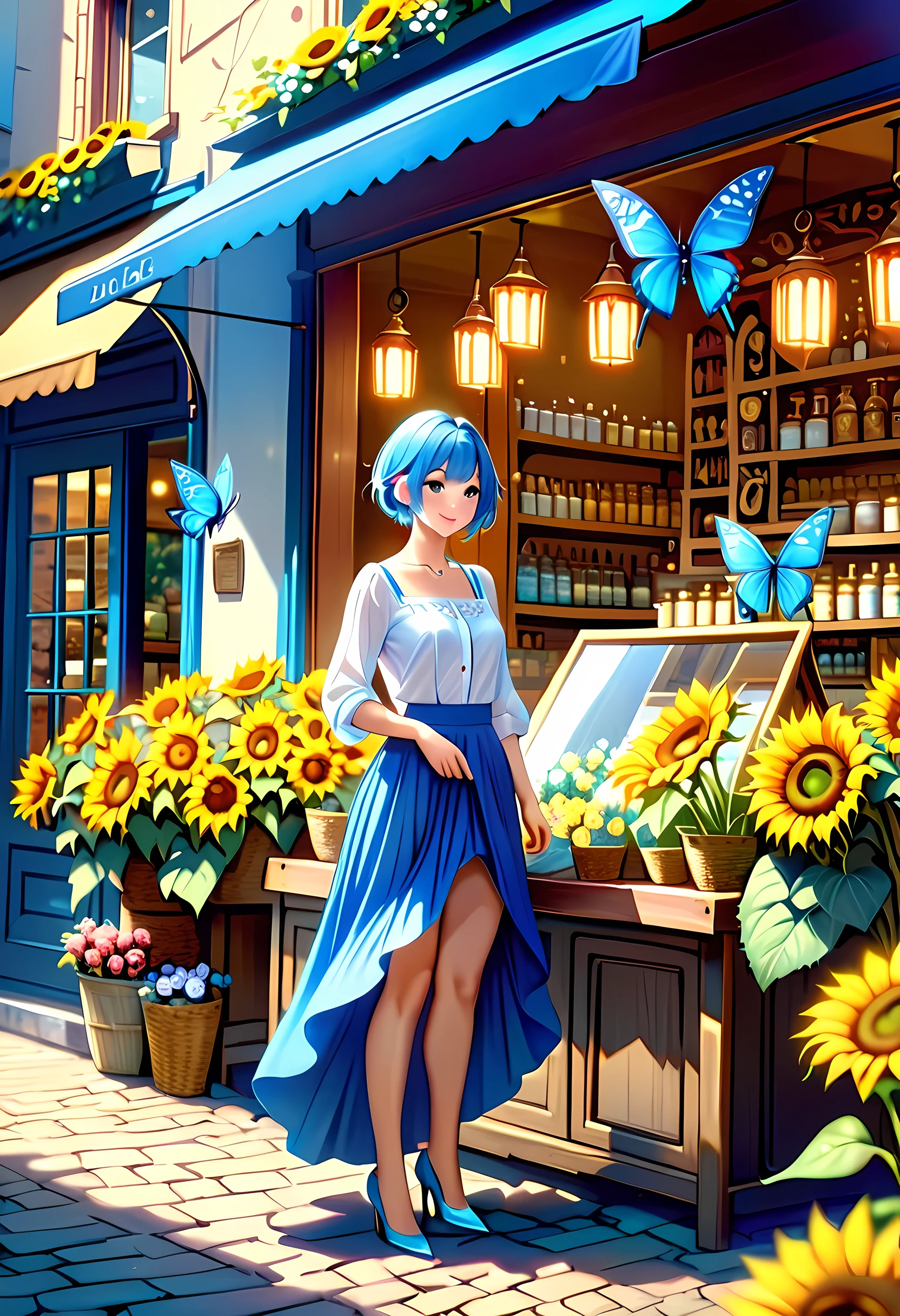 high details, best quality, 16k, RAW, [best detailed], masterpiece, best quality, (extremely detailed), GlowingRunes_paleblue, full body, ultra wide shot, photorealistic, fantasy art, RPG art, D&D art, a picture of a fairy selling flowers in a florist shop, extremely beautiful fairy, ultra feminine (intense details, Masterpiece, best quality), (Blue: 1.3) butterfly wings (intense details, Masterpiece, best quality), blue and white wings (intense details, Masterpiece, best quality),  azure hair, pixie cut hair, shinning hair, flowing hair, shy smile, innocent smile, blue eyes, wearing bright blue skirt, dynamic elegant shirt, chocker, wearing high heels, in flower shop (intense details, Masterpiece, best quality), extreme many (sunflowers: 1.3) (intense details, Masterpiece, best quality), sunflower shop in a modern era street, High Detail, Ultra High Quality, High Resolution, 16K Resolution, Ultra HD Pictures, Ultra Realistic, Clear Details, Realistic Detail, Ultra High Definition, Big Fairy Wings