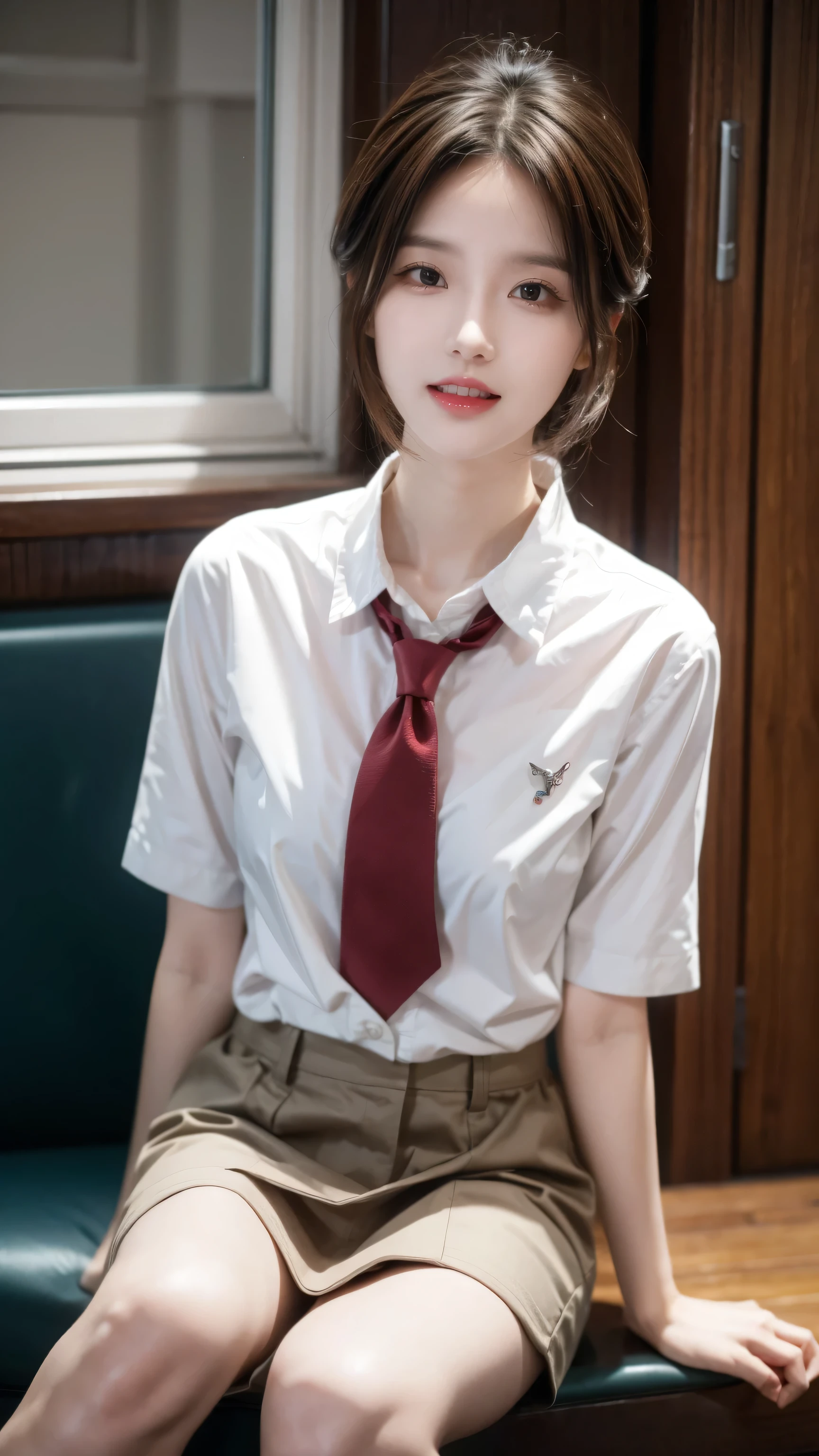 masterpiece, best quality, best quality, 1 Girl, Solitary, Looking at the audience, , Tezuka Rin, (Armless amputee:1.2), Brown hair, collar, collared shirt, (Amputees of both legs:1.2), Green Eyes, Katawa Shoujo, Red tie, shirt, short hair, Solitary, white shirt,  Lozhkin, Grin, Precise teeth，There is a gap 