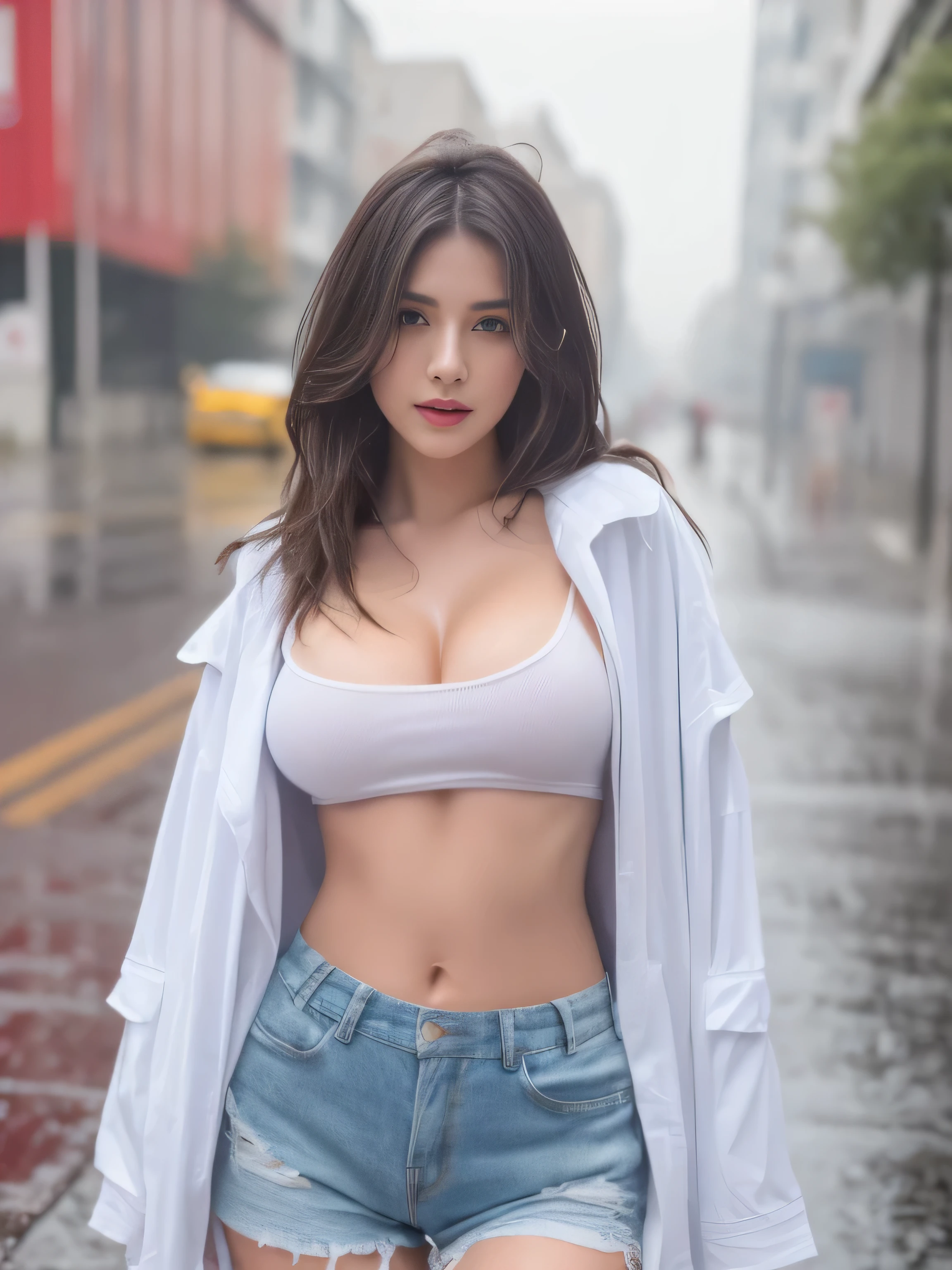 ((best quality, 8K, masterpiece: 1.3)),, perfect body beautiful: , Hips:  ((Layered Hairstyle, Beautiful breasts:)), (Wet clothes:  , (rain, street:), Short T-shirt, shorts, Open your belly button, Highly detailed face and skin textures, Exquisite eyes, Double eyelids, Whitening of the skin, Long hair