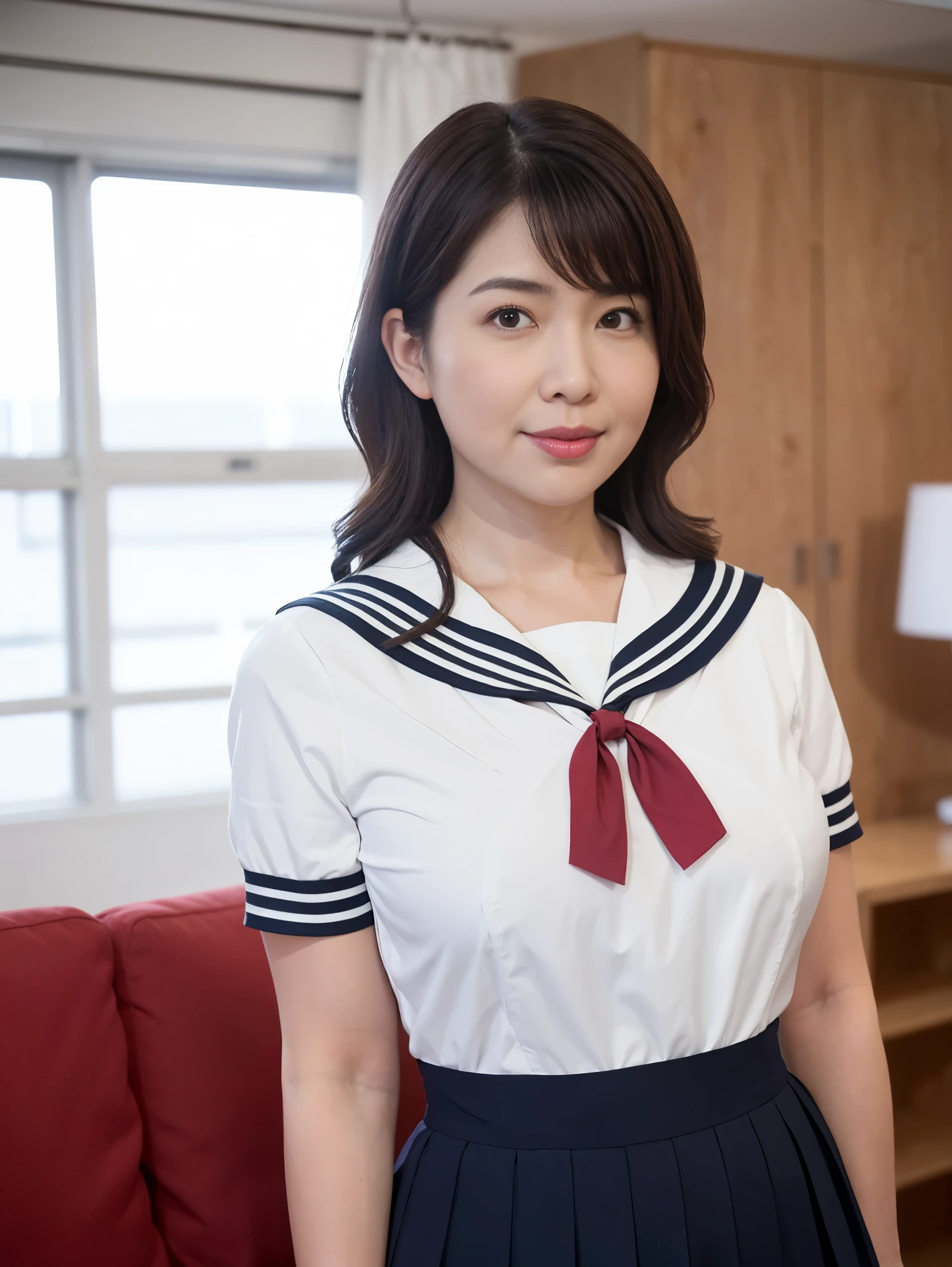  housewife, 32 years old, height: 158cm, ((In the living room)), ((cute:1.4)), Clean atmosphere, clear, Big Breasts, Hard breasts, Big Ass, (Thick lips), Curvy body type, Beautifully styled hair, (High school girl in sailor uniform:1.2), Medium Short, (Red ribbon:1.2), bra lift