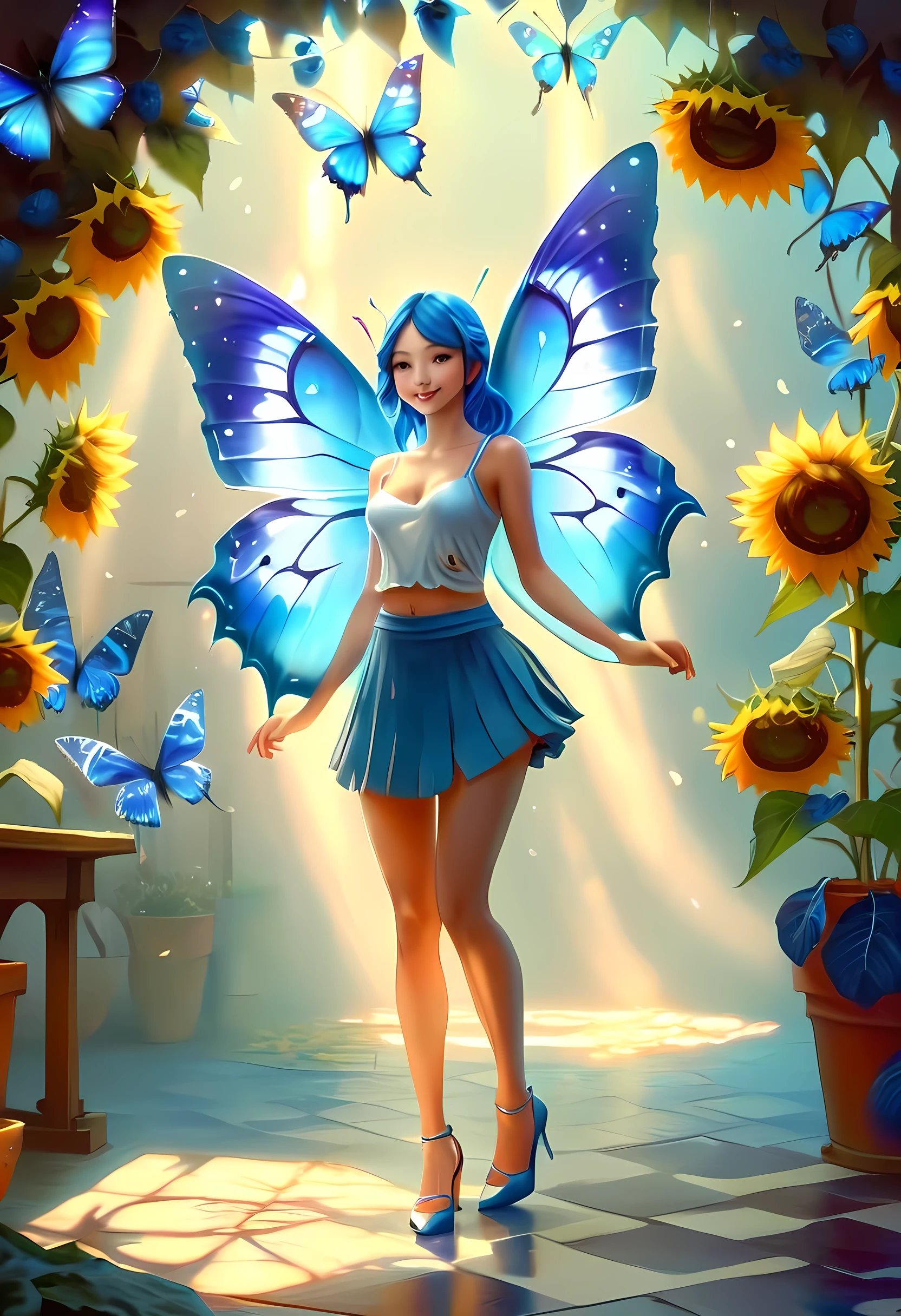 high details, best quality, 16k, RAW, [best detailed], masterpiece, best quality, (extremely detailed), GlowingRunes_paleblue, full body, ultra wide shot, photorealistic, fantasy art, RPG art, D&D art, a picture of a fairy selling flowers in a florist shop, extremely beautiful fairy, ultra feminine (intense details, Masterpiece, best quality), (Blue: 1.3) butterfly wings (intense details, Masterpiece, best quality), blue and white wings (intense details, Masterpiece, best quality),  azure hair, pixie cut hair, shinning hair, flowing hair, shy smile, innocent smile, blue eyes, wearing bright blue skirt, dynamic elegant shirt, chocker, wearing high heels, in flower shop (intense details, Masterpiece, best quality), extreme many (sunflowers: 1.3) (intense details, Masterpiece, best quality), sunflower shop in a modern era street, High Detail, Ultra High Quality, High Resolution, 16K Resolution, Ultra HD Pictures, Ultra Realistic, Clear Details, Realistic Detail, Ultra High Definition, Big Fairy Wings