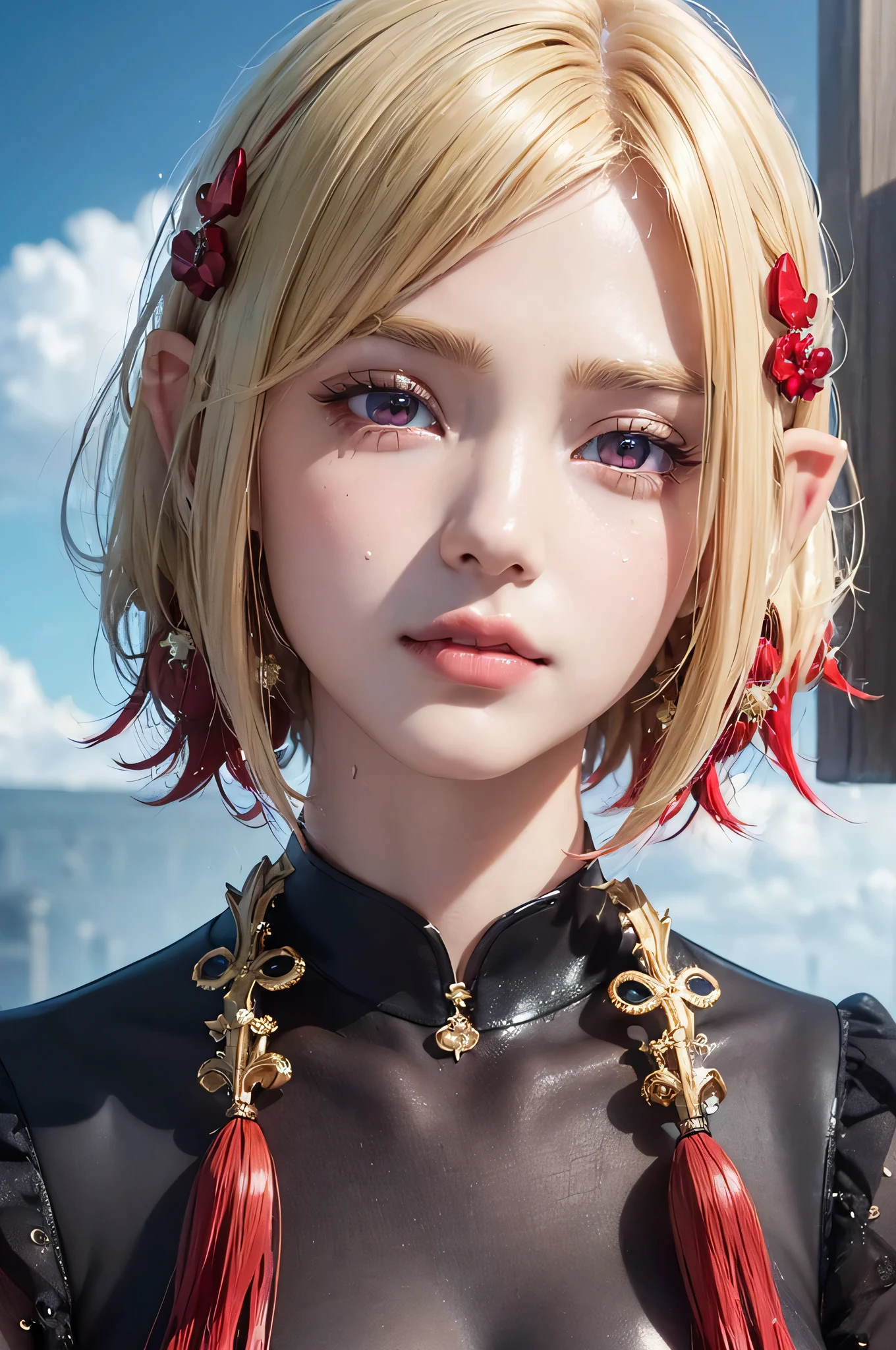 (8K、Live Shooting:1.2)、highest quality、Ultra-high resolution、Dramatic angle、(Fine splashes of color fly), People Shooting:1.3, (((1 girl)))、elf、elf ears、(((Blonde)))、(((Short Hair:1.4)))、dark-red tips of hair, (blond to dark-red ombre hair)、(Hair color with red tips)、(((red eyes)))、3d game character、(Rain Wet:0.9)、 (hair ornaments:1.4)、(portrait:1.5)、masterpiece、Best Quality、Beautifully painted、Very detailed、(Noise Reduction: 0.6)、((Ink Refraction))、(Beautiful detailed sky)、moon、Very detailed、(masterpiece、Best Quality、Very detailed) CG Unity 8k Wallpaper、masterpiece、highest quality、Super detailed)、evil smile, professional light, close-up:1.4