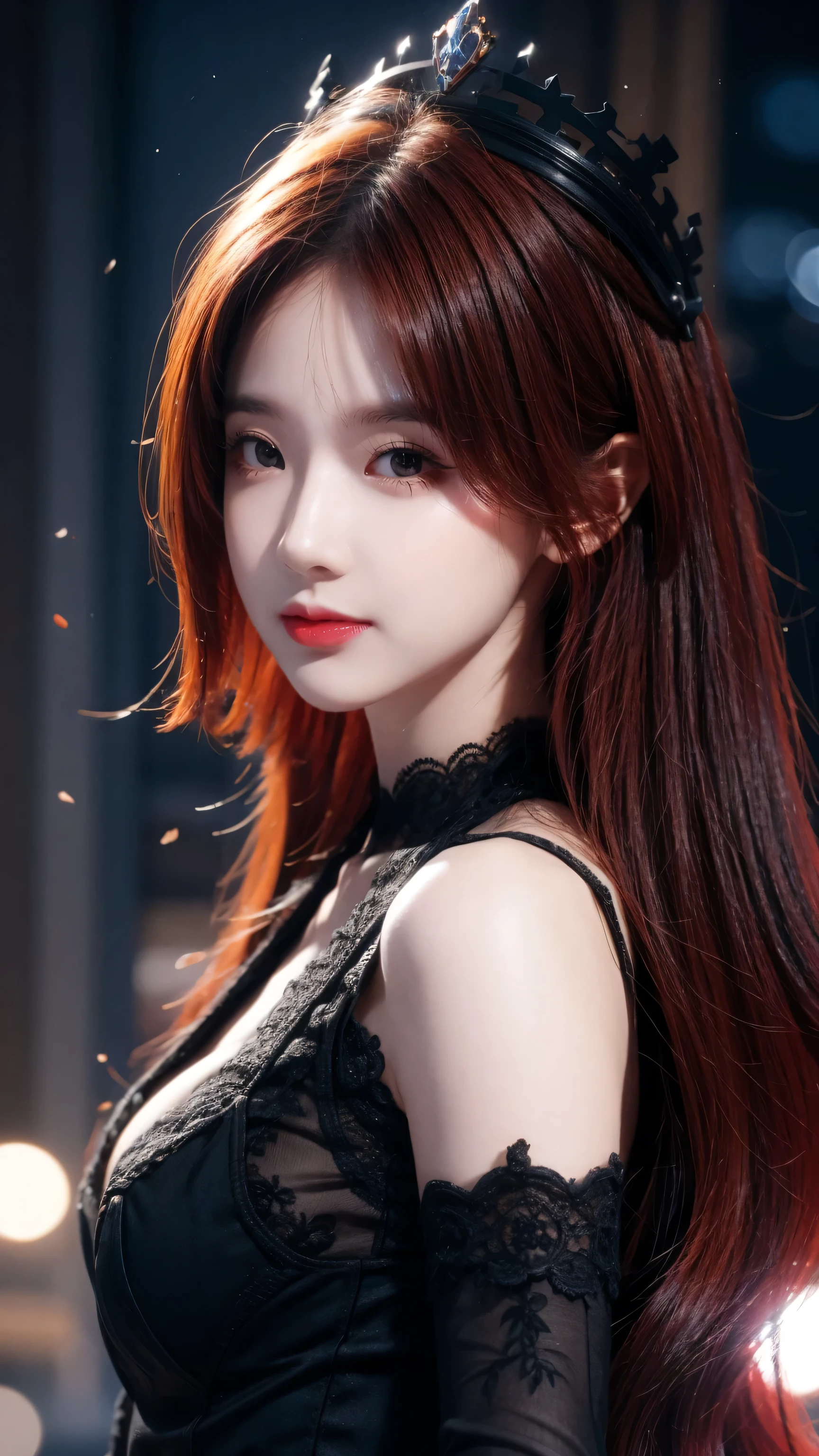 A woman with long red hair and black dress posing for a picture - SeaArt AI