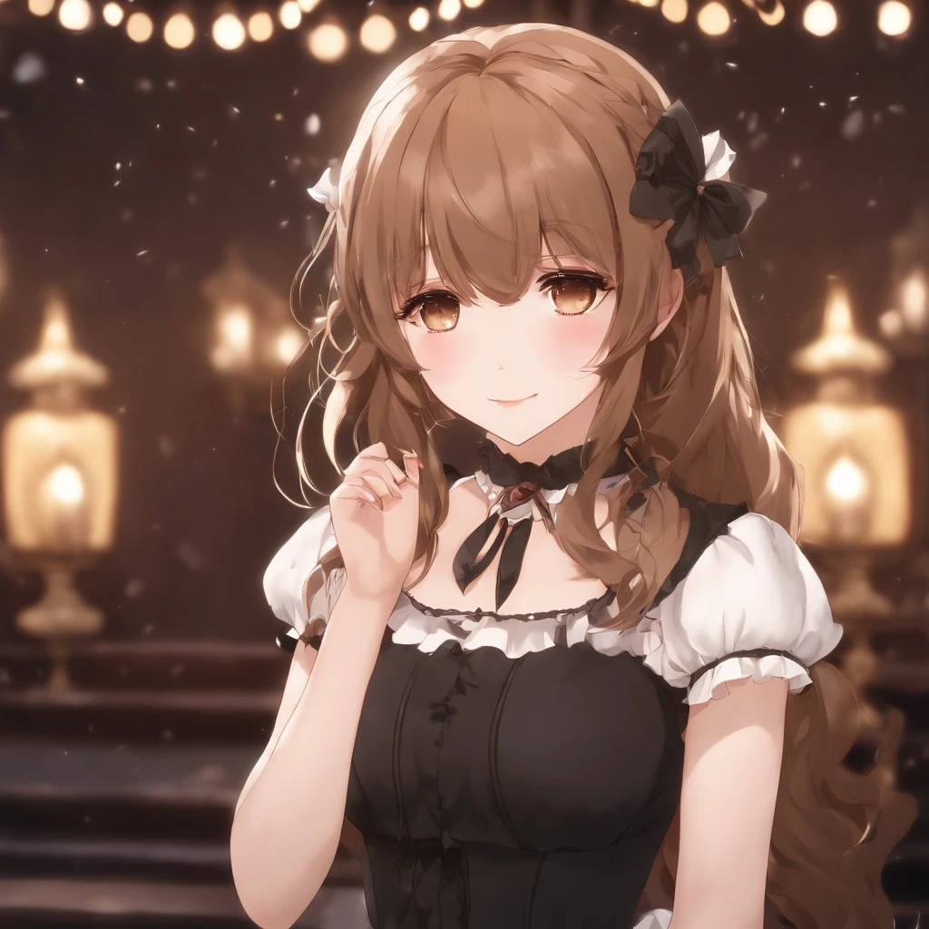 With corners、頭蓋骨が描かれたドレスを着たAnime Girls, ((Light brown hair))(Lori, gothic maiden Anime Girls, Cute anime waifu in a nice dress, Anime Moe Art Style, Anime Girls wearing a black dress, Nightcore, (Anime Girls), Anime Style 4k, Small curvaceous , High quality anime art style, Anime Girlss, demon Anime Girlss