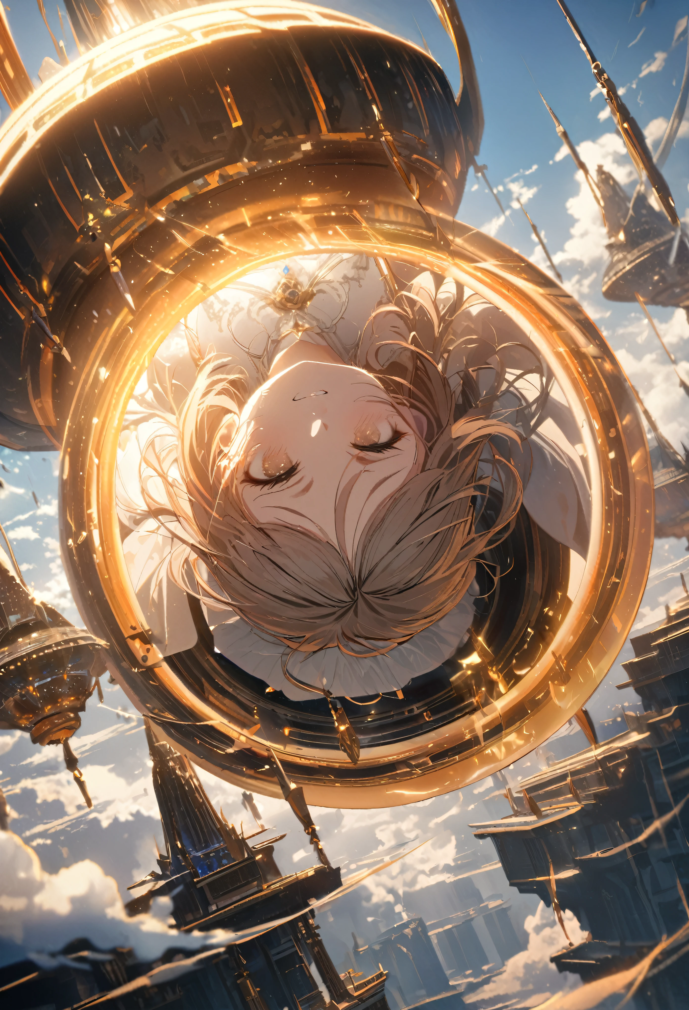 1 girl, white dress, A huge circular object is floating on midair, emitting a faint light., round ring object floating, sky, cloud, aerial temple, super delicate, detailed face, delicate face, 8k, masterpiece