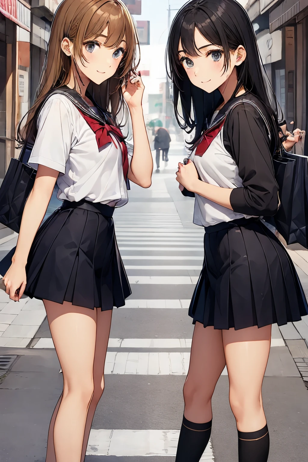 Shopping Street、Two high school girls kissing、seductive smile、Loafer leather shoes、Top of the head