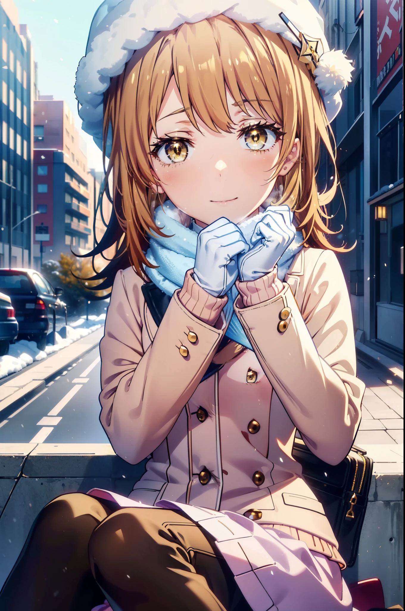 irohaisshiki, Iroha Isshiki, Long Hair, Brown Hair, (Brown eyes:1.5), Hair between the eyes, Pink Hair,happy smile, smile, Open your mouth,Knitted hat,Yellow coat,White scarf,White sweater,He has fluffy gloves on both hands..,Long skirt,black tights,short boots,Shirogane World,Snow is piled up,it's snowing,It's snowing,winter,Cold Sky,moonlight,full moon,よる
break looking at viewer, whole body, Upper Body,
break outdoors, city,Building Street,
break (masterpiece:1.2), highest quality, High resolution, unity 8k wallpaper, (shape:0.8), (Fine and beautiful eyes:1.6), Highly detailed face, Perfect lighting, Highly detailed CG, (Perfect hands, Perfect Anatomy),