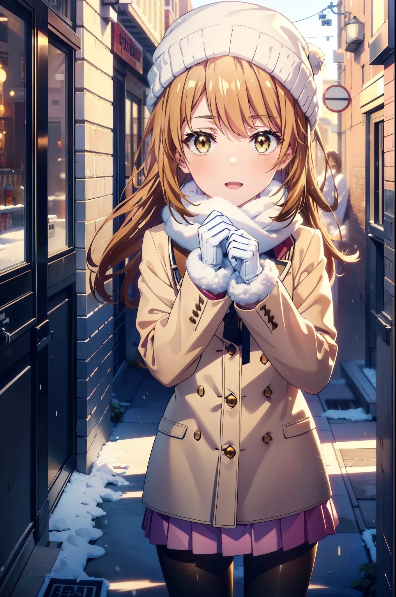 irohaisshiki, Iroha Isshiki, Long Hair, Brown Hair, (Brown eyes:1.5), Hair between the eyes, Pink Hair,happy smile, smile, Open your mouth,Knitted hat,Yellow coat,White scarf,White sweater,He has fluffy gloves on both hands..,Long skirt,black tights,short boots,Shirogane World,Snow is piled up,it&#39;s snowing,It&#39;s snowing,winter,Cold Sky,moonlight,full moon,よる
break looking at viewer, whole body, Upper Body,
break outdoors, city,Building Street,
break (masterpiece:1.2), highest quality, High resolution, unity 8k wallpaper, (shape:0.8), (Fine and beautiful eyes:1.6), Highly detailed face, Perfect lighting, Highly detailed CG, (Perfect hands, Perfect Anatomy),