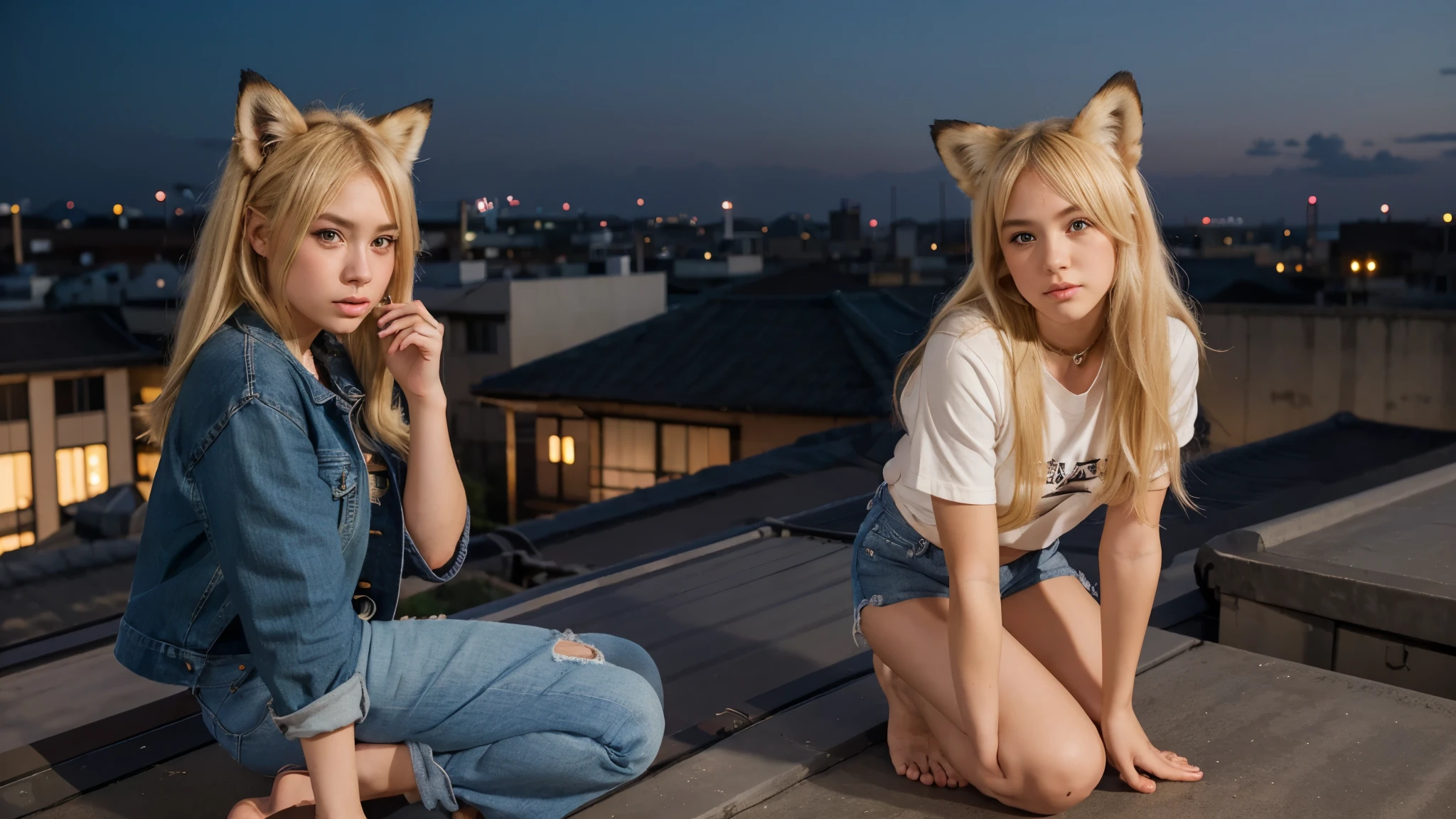apanese girl super cute girl 18 old school girl Woman pouting lips A beautiful anime girl with blonde hair and fox ears kneels on a rooftop at night. shorts jeans