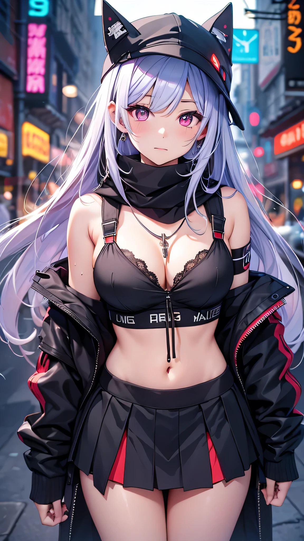 最high quality、Best image quality、masterpiece、girl((18-year-old、 By becoming、Best Bust、Medium Bust,Wide open breast tea、Red glowing eyes,Silver Hair、Disheveled Hair、Long Hair、thin,The highest valley、Open chest、Luminous Wristbands、hat、hair ornaments、luminous necklace、Black sleeveless hoodie(1:2)、Blue short skirt、Angle from directly above、Disheveled clothing、Show the whole body,Low - Angle、Hacker-like、sweating、lure、Black cute mask、Leaning against a wall、Black scarf)),high quality、Beautiful art、background((Neon Town、Neon Light、Neon interior at night))、Flight、Flying debris、Written boundary depth、movie、Visual Arts、Perfect art、8K,Genuine、