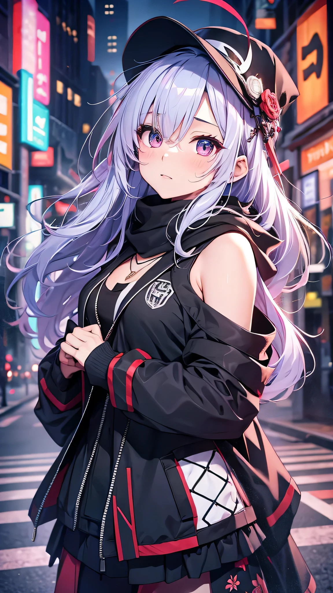 最high quality、Best image quality、masterpiece、girl((18-year-old、 By becoming、Best Bust、Medium Bust,Wide open breast tea、Red glowing eyes,Silver Hair、Disheveled Hair、Long Hair、thin,The highest valley、Open chest、Luminous Wristbands、hat、hair ornaments、luminous necklace、Black sleeveless hoodie(1:2)、Blue short skirt、Angle from directly above、Disheveled clothing、Show the whole body,Low - Angle、Hacker-like、sweating、lure、Black cute mask、Leaning against a wall、Black scarf)),high quality、Beautiful art、background((Neon Town、Neon Light、Neon interior at night))、Flight、Flying debris、Written boundary depth、movie、Visual Arts、Perfect art、8K,Genuine、
