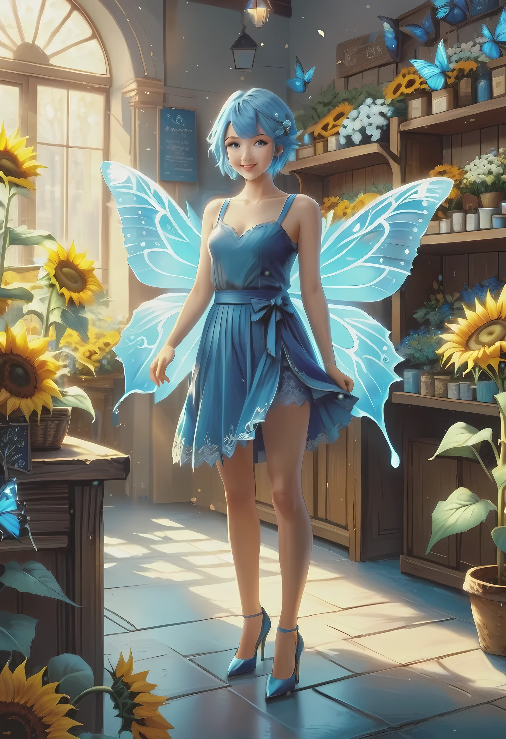 high details, best quality, 16k, RAW, [best detailed], masterpiece, best quality, (extremely detailed), GlowingRunes_paleblue, full body, ultra wide shot, photorealistic, fantasy art, RPG art, D&D art, a picture of a fairy selling flowers in a florist shop, extremely beautiful fairy, ultra feminine (intense details, Masterpiece, best quality), (Blue: 1.3) butterfly wings (intense details, Masterpiece, best quality), blue and white wings (intense details, Masterpiece, best quality),  azure hair, pixie cut hair, shinning hair, flowing hair, shy smile, innocent smile, blue eyes, wearing bright blue skirt, dynamic elegant shirt, chocker, wearing high heels, in flower shop (intense details, Masterpiece, best quality), extreme many (sunflowers: 1.3) (intense details, Masterpiece, best quality), sunflower shop in a modern era street, High Detail, Ultra High Quality, High Resolution, 16K Resolution, Ultra HD Pictures, Ultra Realistic, Clear Details, Realistic Detail, Ultra High Definition, Big Fairy Wings, dvr-lthr, lace drawing,