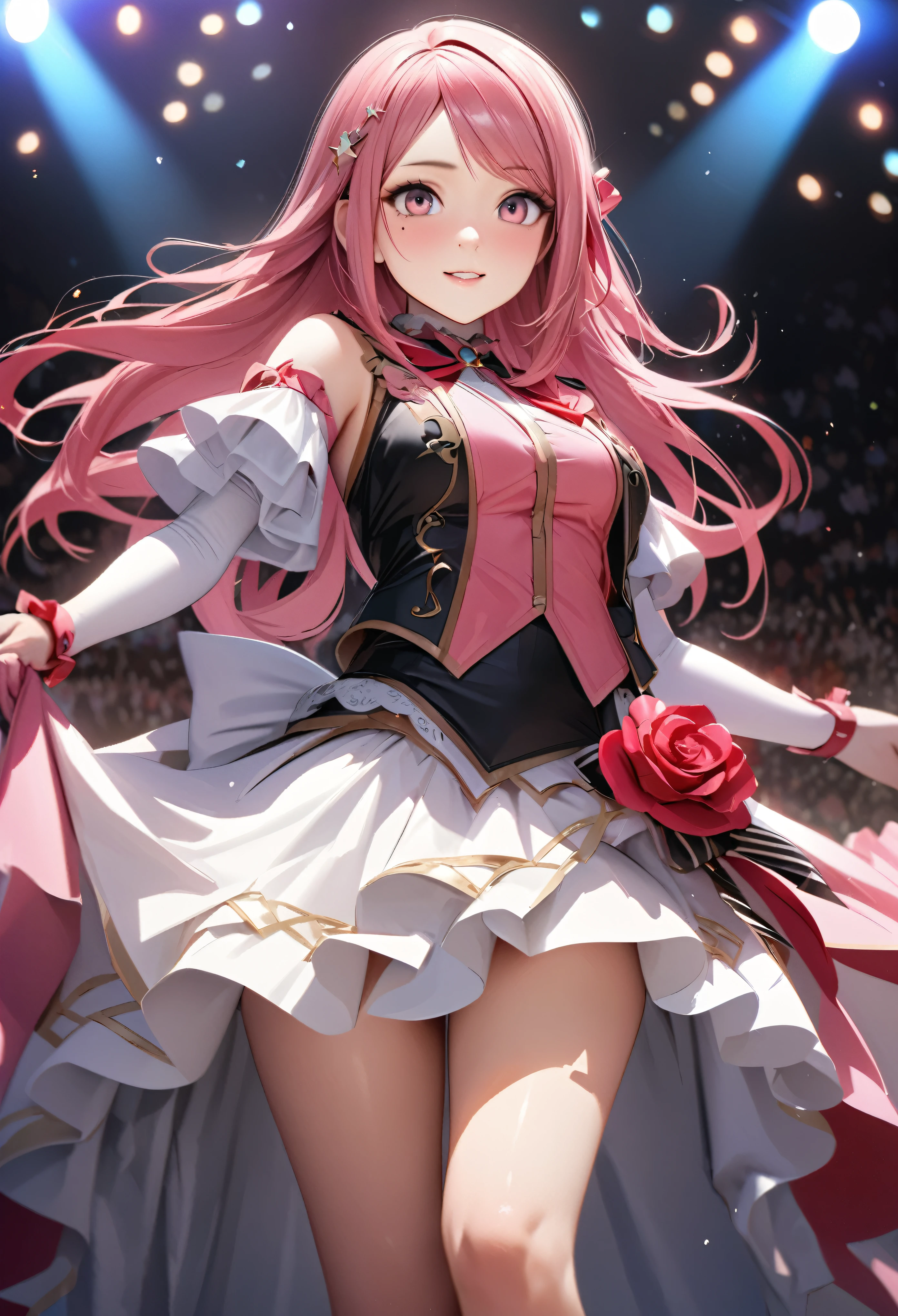 One Girl、Looking at the audience、
Beautiful Pink Eyes、long pink  hair、,Mole under the eye、Plump and glossy lips、Heart-shaped choca、Idol、she is name Riko,smile、ー、。.。.。.。.。.。.。.。.。.。.。.。.。.。.。.。.。.。.3D、Realistic、
idol costume、short skirt,Drape clothes、gem、The decoration has been removed、Floral、Lace trim,On the glittering stage、
masterpiece、highest quality、8k、Detailed skin texture、Detailed cloth texture、Beautifully detailed face、Intricate details、Very detailed、
超A high resolution、8K Ultra HD、Film Grain、Best Shadow、delicate、Staring at the audience、front