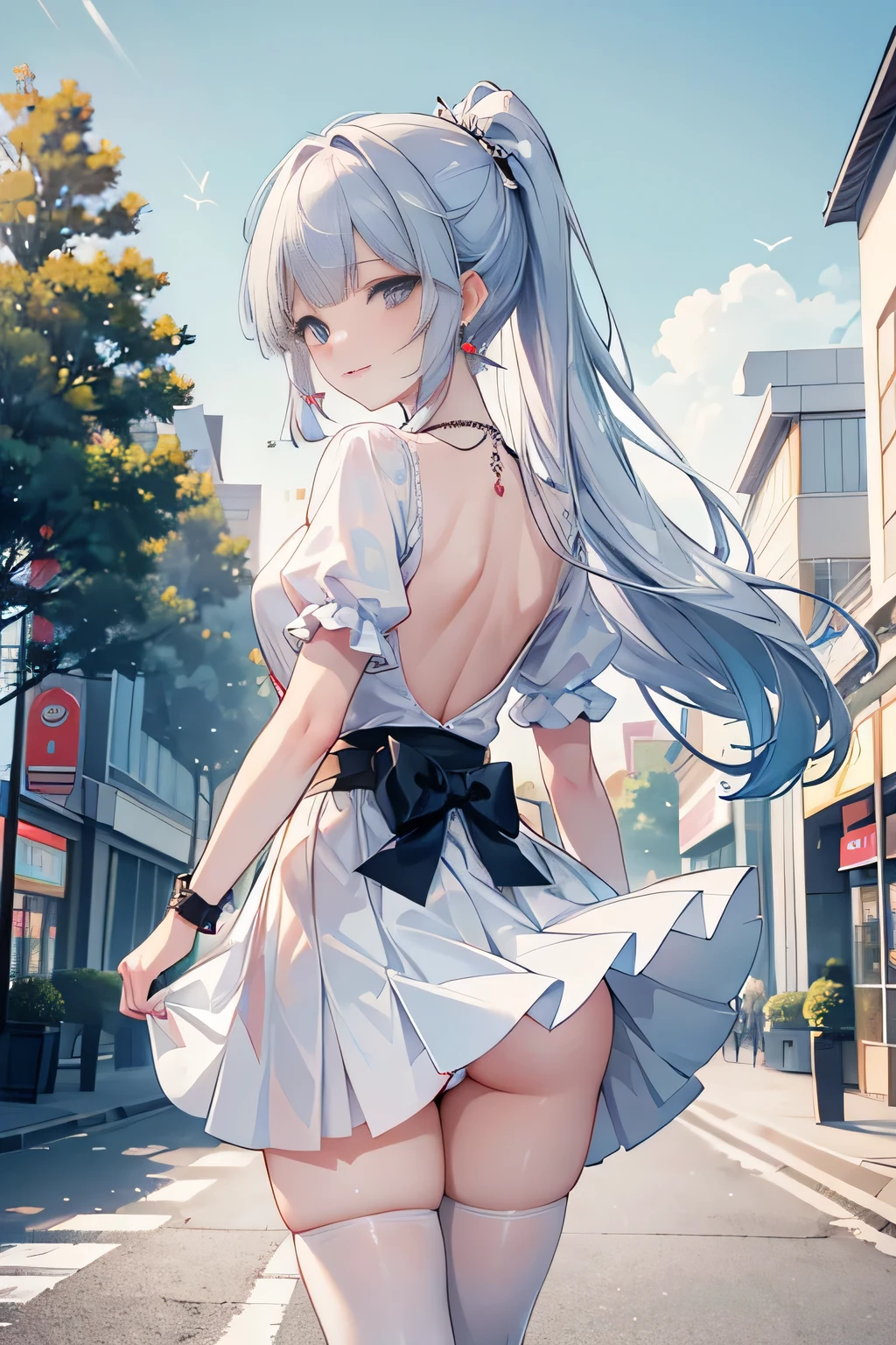 ((butts and back focus,looking back)),
 (Vulgar,nsfw),(skirt lift,very windy),(beautiful elegant white panties),very low angle,from below),((masterpiece, highest resolution,best quality)), (beautiful illustration), ((Kamisato Ayaka in Genshin Impact)), ((semi long beautiful silver blue hair,blunt bangs,pony tail,beautiful blue eyes)),(solo),(beautiful elegant office blouse and black skirt,skirt lifted by the wind),(looking at the viewer), (walking around the shopping mall),
(innocent smile, Embarrassed),(white over-kneehighs,Lace chalker, wristband, fingerless gloves, over-kneehighs,
Lace chalker, diamond necklace,wristband, fingerless gloves, earrings), (cinematic lighting, very windy),shopping mall,big city,busy street,day,blue sky,flowers and trees,crowded,(from the ground),(beautiful elegant Underwear patterns),