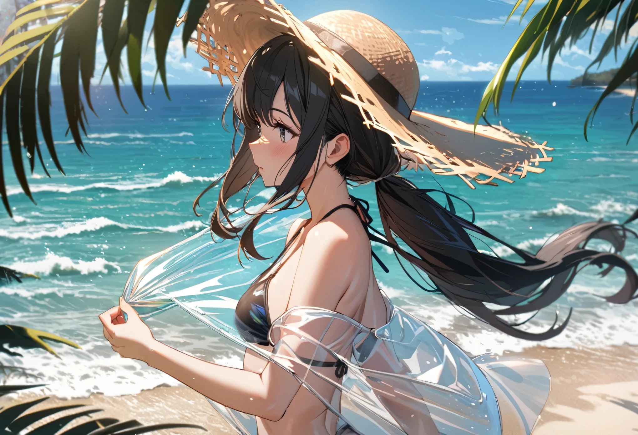 1 girl,, middle hair, black hair, ultimate detailed hair, low pony tail, translucent hoodie is opened, bikini, straw hat, turn around, perfect hands, on the beach, wind, sea, noon, bright, ultra detailed, 8k