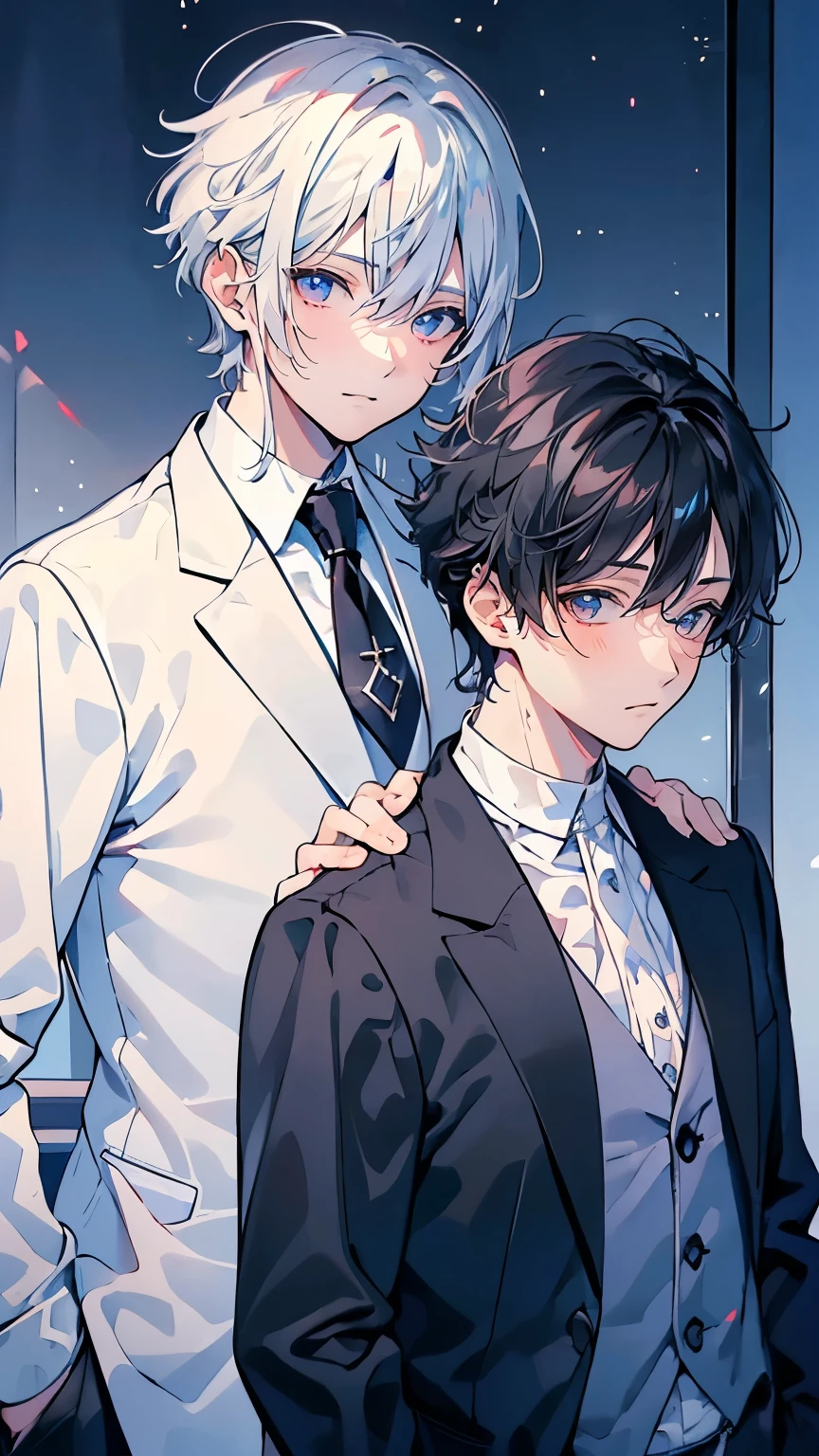 (Mastepiece), (Best Quality), Very detailed, ((Two friendly men:1.5)), Perfect Face, Beautiful Face, Very detailed顔,(Black Haired Man:1.3),(Man with white hair:1.3),suit,shirt