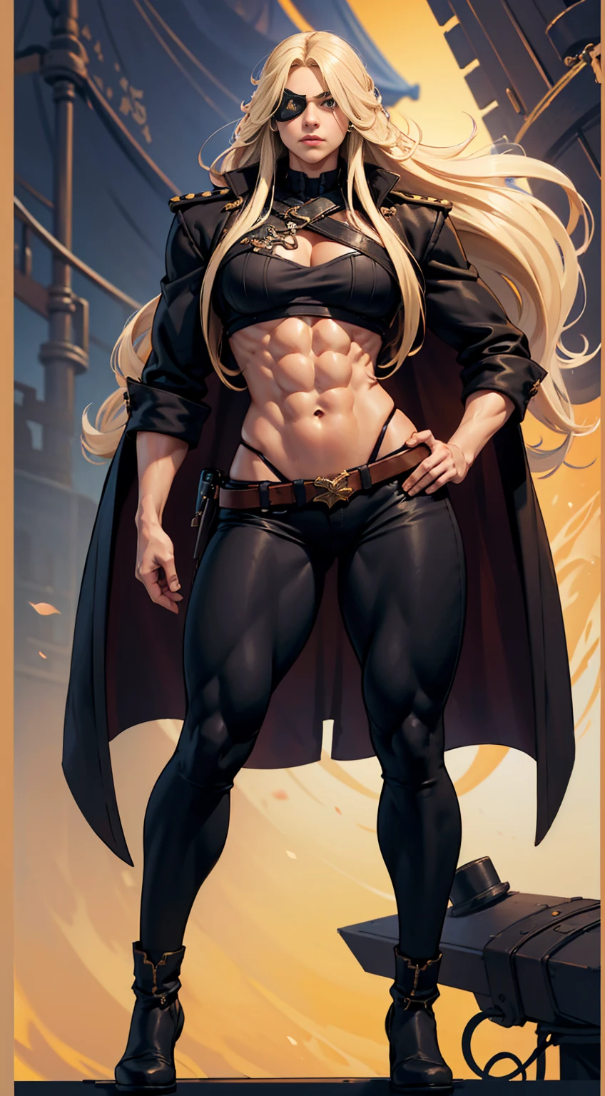 (1girl), long hair, blonde hair, (((very long hair))), hair down to ankles, wearing pirate long coat, wearing black pants, peg leg, standing on ship deck, wearing eyepatch, Sixpack abs, muscular arms, muscular legs, wide hips, thick thighs, huge muscles, muscular, large musceles, feminine face,