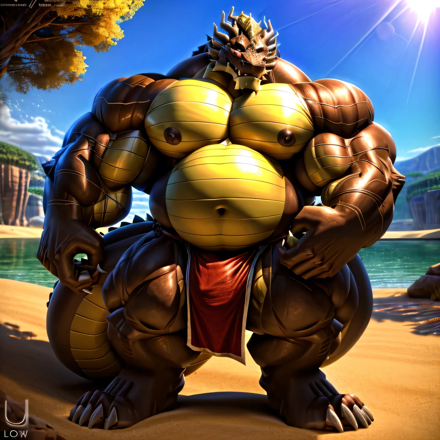 shendu, eastern dragon king, male dragon, eastern dragon,hefty body, with very big muscles, hulking, huge, colossal body, extremely strong, big abdominal muscles, hefty musclegut, pecs, Strong and robust musclegut , prominent muscle abs, sharp claws, legs, feet, full body, loincloth, HDR, nipples, sunlight, daylight, outdoor, bright , at noon, good weather, 4k, best quality .