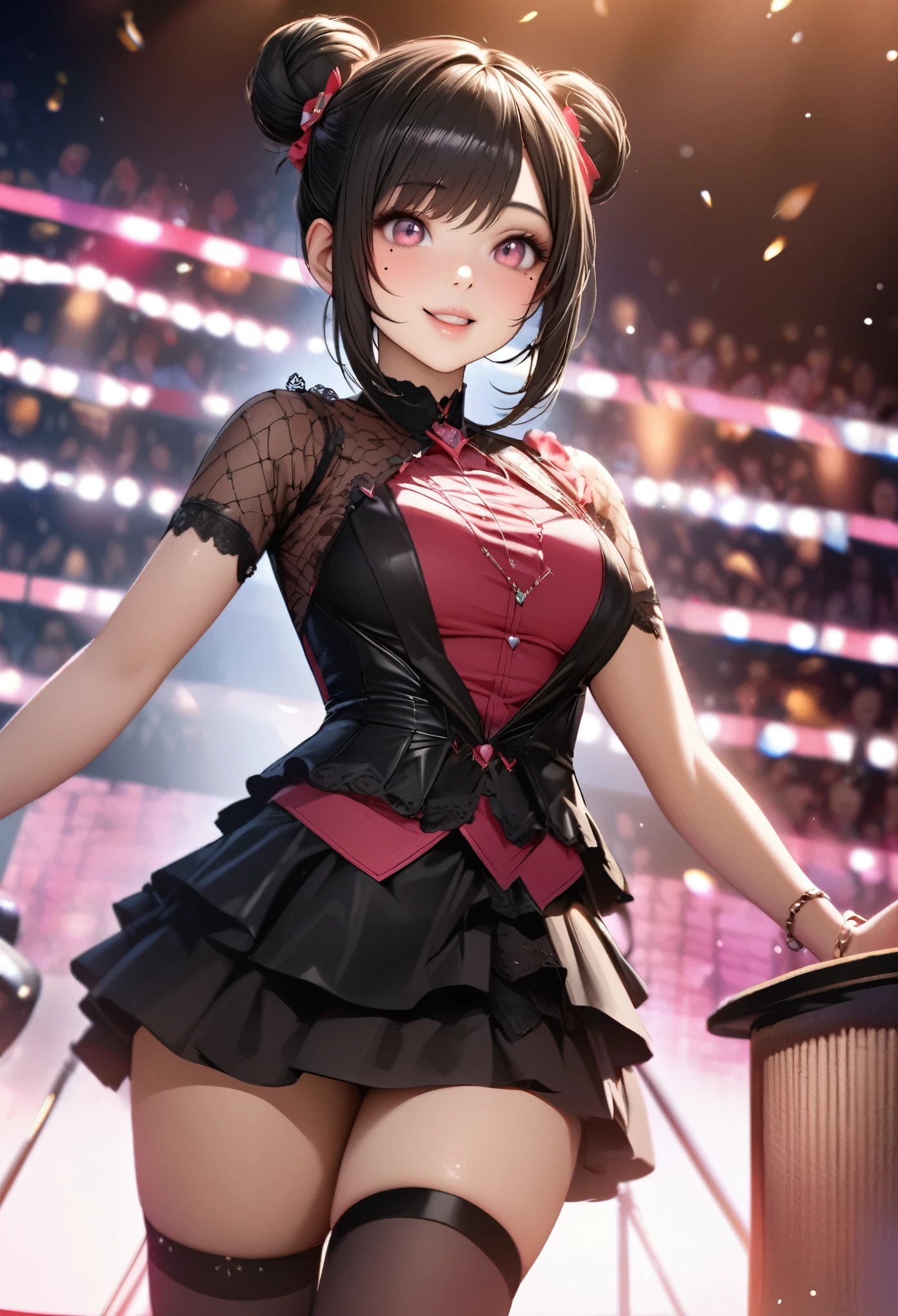 One Girl、Looking at the audience、
Beautiful pink eyes、black hair bun、,Mole under the eye、Plump and glossy lips、Heart-shaped choca、Idol、Her name is Rico,smile、ー、。.。.。.。.。.。.。.。.。.。.。.。.。.。.。.。.。.。.3D、Realistic、
Idol衣装、Short skirt,Drape clothes、gem、The decoration has been removed、Floral、Lace trim,On a glittering stage、
masterpiece、highest quality、8k、Detailed skin texture、Detailed cloth texture、Beautifully detailed face、Intricate details、Very detailed、
超A high resolution、8k Ultra HD、Film Grain、Best Shadow、delicate、Gazing at the audience、front