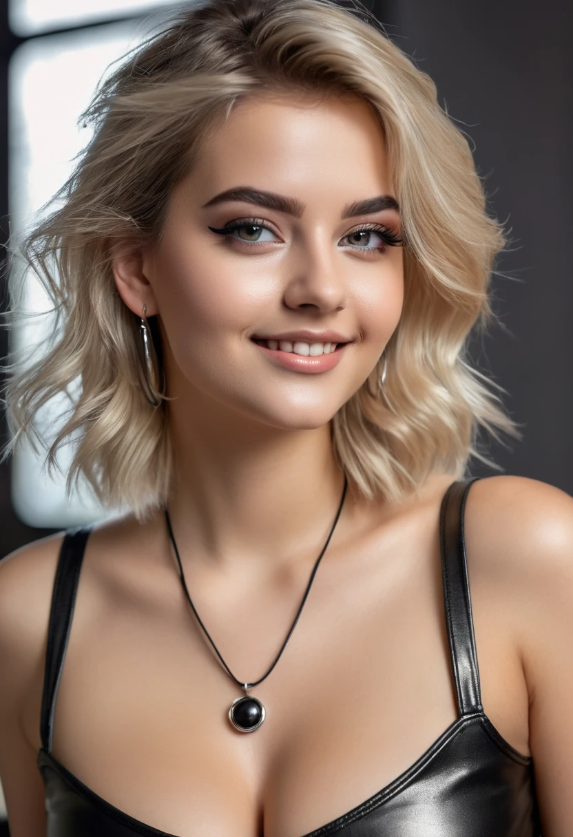 hyperrealistic beautiful busty 18-year-old women in shiny sleeveless top and leather leggins, model shooting full body photography, dyed platin-blonde middle-length messy hair, dark eye makeup with eyeliner, seductive smile, small necklace and earrings, 8K, best quality, Meisterwerk, ultra high resolution, (Realismus: 1.4), Originalfoto, (realistische Hautstruktur: 1.3), (Filmkorn: 1.3), (Selfie-Winkel), 1 girl, Beautiful round eyes and facial details, Meisterwerk, best quality