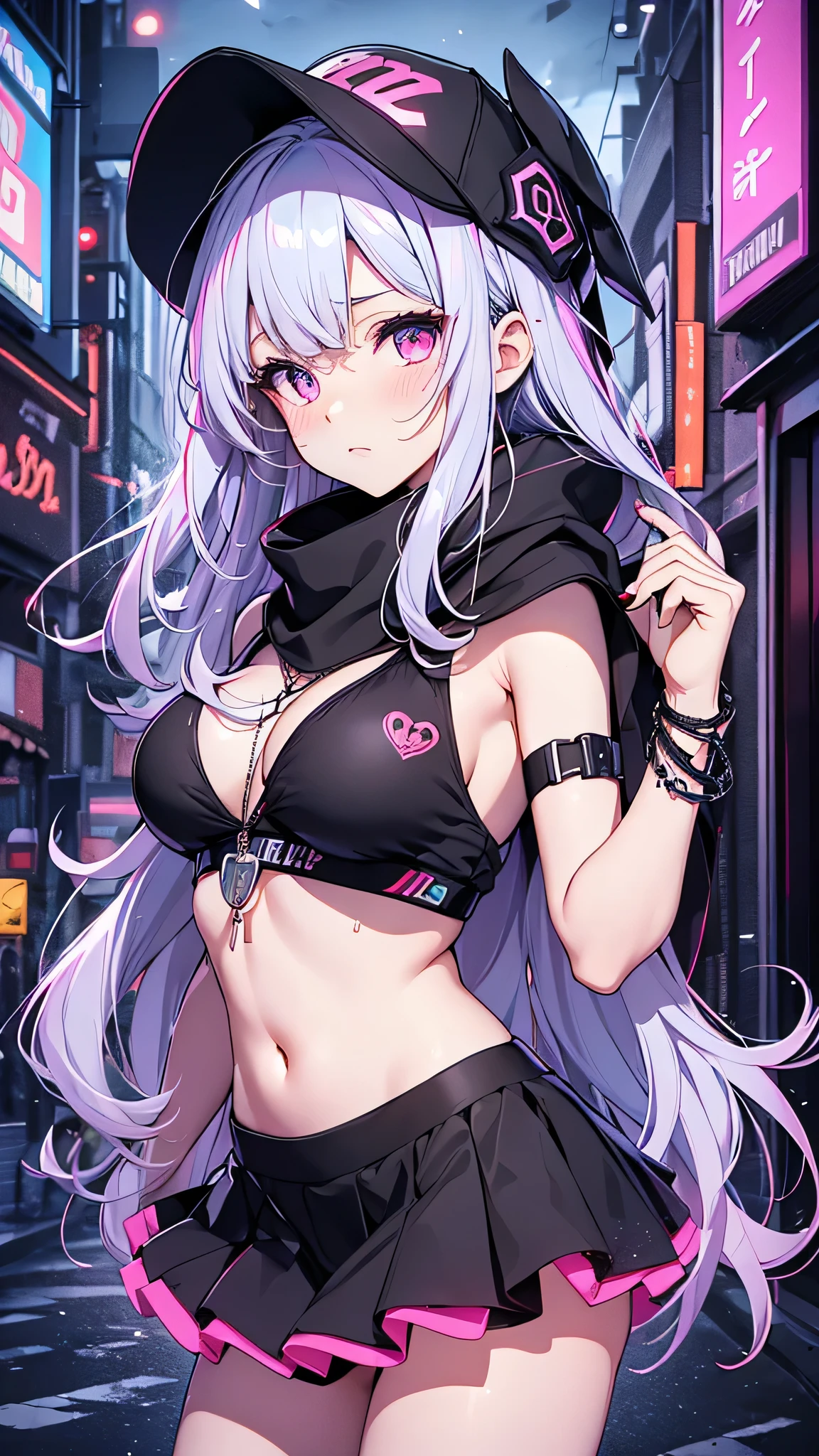 最high quality、Best image quality、masterpiece、girl((18-year-old、 By becoming、Best Bust、Medium Bust,Wide open breast tea、Red glowing eyes,Silver Hair、Disheveled Hair、Long Hair、thin,The highest valley、Open chest、Luminous Wristbands、hat、hair ornaments、luminous necklace、Black sleeveless hoodie(1:2)、Blue short skirt、Disheveled clothing、Show the whole body,Low - Angle、Hacker-like、sweating、lure、Black cute mask、Leaning against a wall、Black scarf)),high quality、Beautiful art、background((Neon Town、Neon Light、Neon interior at night))、Flight、Flying debris、Written boundary depth、movie、Visual Arts、Perfect art、8K,Genuine、