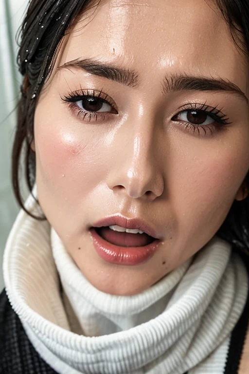 Beautiful Japanese actresses、1 girl,Flying debris,,Award-winning photo, Very detailed,Face Focus, Big double eyes(Woman with open mouth and closed eyes ), 30 years old、Black Hair、Shiny skin、(((Face close-up)))、Realistic nostrils、Long and narrow nasal cavity,、In the toilet、(On the floor of a public toilet)、Squat、((White turtleneck sleeveless dress))、Big Breasts、(Sharp Nose)Frowning 表現:1.4,,expression,Frowning,please raise your head、Skin shiny with sweat,Oily facial skin,Biting your lip,Tied Hair,Wearing a tank top,Please put your nose closer to the camera,((Open your mouth wide to receive something))Looking at the audience, (((Wet Filter))),((Close your face)),(((Close-up of the nose)))