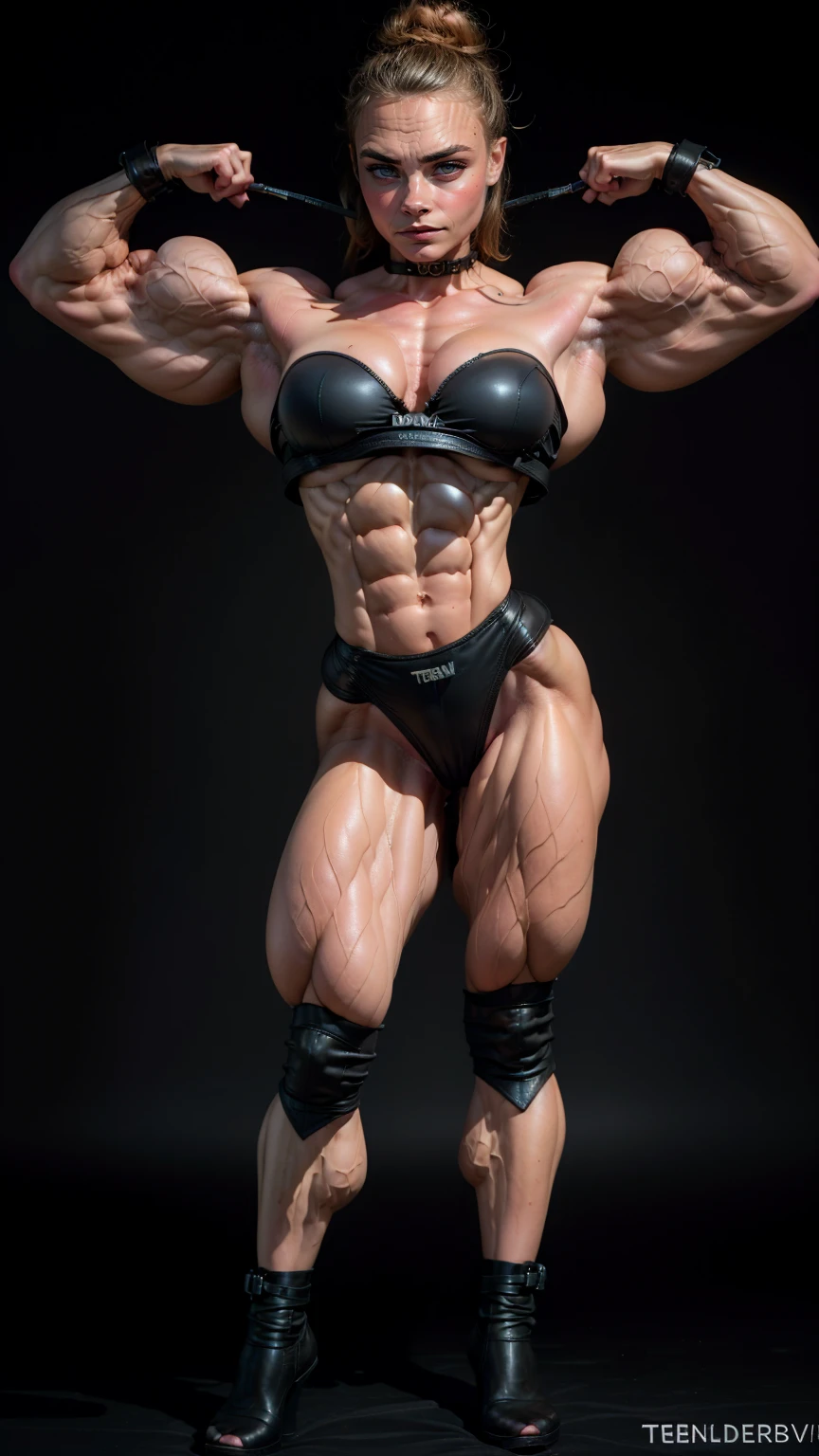 (1 girl), (cara delevingne:1.25), ((wide shoulders:1.25)), (Bodybuilder woman wearing a dominatrix outfit with huge tits:1.25), (ten pack abs:1.5), (full body view:1.25), ((large muscular veiny breasts:1.25)), choker, (sculpted muscles:1.25), detailed eyes, (muscular body:1.25), (looking at viewer), (smile:1.25, (blank dark background:1.5), in the art style of peter mohrbacher
