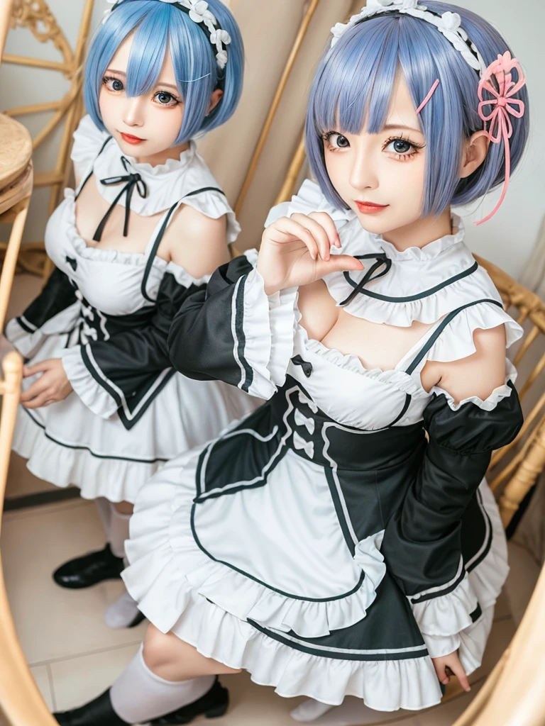 (8K, Photorealistic, Raw photo, of the highest quality: 1.3), (1girl in), Super beautiful, (Realistic face), (boyish, light blue Color Berry Shorthair),(8K, Photorealistic, Raw photo, of the highest quality: 1.3), (1girl in), Super beautiful, (Realistic face), (boyish, pink Color Berry Shorthair), Beautiful , Glare that captivates the viewer, Beautiful expression, Beautiful breasts, (Realistic skin), Be...Create a detailed and colorful image of Ram and Rem from Re:Zero, standing back-to-back in their maid outfits, with a magical fantasy background、14years old, two girls,cute, perfect face, beautiful, nice body, gothic ta clothes, gothic loliashion, frilly skirt, headdress, necklace, bracelet, knee-high socks, boots, double eyelids, tear bags, Detailed down to the fingers, photo-like description, indoors, dim indoor lighting, one girl is pink hair and short bob, another girl is light blue hair and short bob,standing, whole body, composition that shows the whole body, smiling,The Both of them are wearing the same type of maid outfit,spread your arms