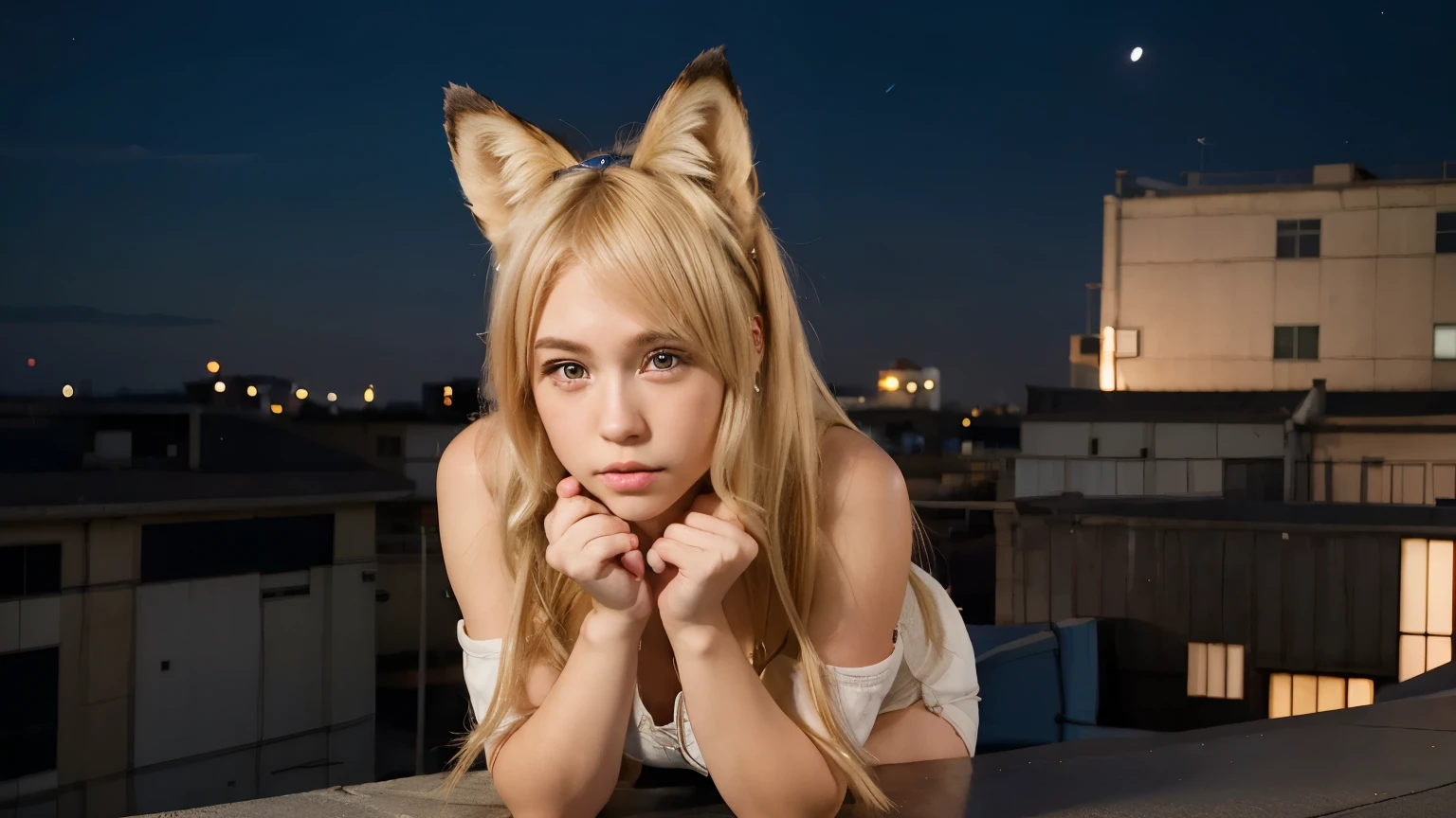 apanese girl super cute girl 18 old school girl Woman pouting lips A beautiful anime girl with blonde hair and fox ears kneels on a rooftop at night. shorts jeans