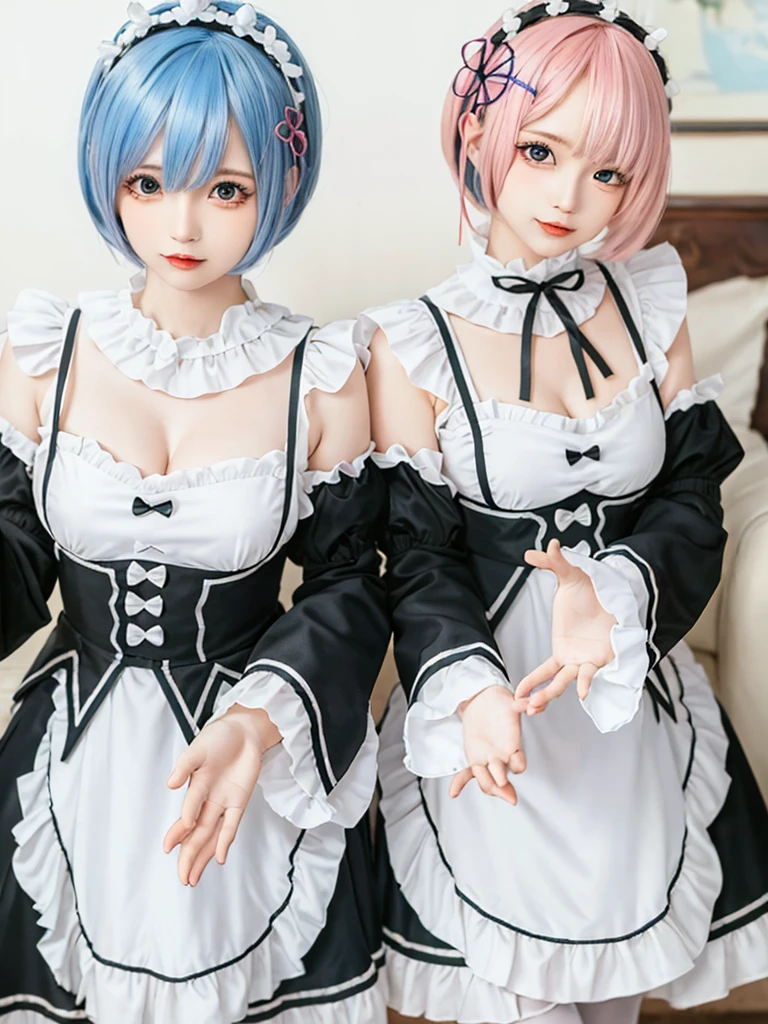 (8K, Photorealistic, Raw photo, of the highest quality: 1.3), (1girl in), Super beautiful, (Realistic face), (boyish, light blue Color Berry Shorthair),(8K, Photorealistic, Raw photo, of the highest quality: 1.3), (1girl in), Super beautiful, (Realistic face), (boyish, pink Color Berry Shorthair), Beautiful , Glare that captivates the viewer, Beautiful expression, Beautiful breasts, (Realistic skin), Be...Create a detailed and colorful image of Ram and Rem from Re:Zero, standing back-to-back in their maid outfits, with a magical fantasy background、14years old, two girls,cute, perfect face, beautiful, nice body, gothic lolita clothes, gothic lolita fashion, frilly skirt, headdress, necklace, bracelet, knee-high socks, boots, double eyelids, tear bags, Detailed down to the fingers, photo-like description, indoors, dim indoor lighting, one girl is pink hair and short bob, another girl is light blue hair and short bob,standing, whole body, composition that shows the whole body, smiling,The Both of them are wearing the same type of maid outfit,spread your arms