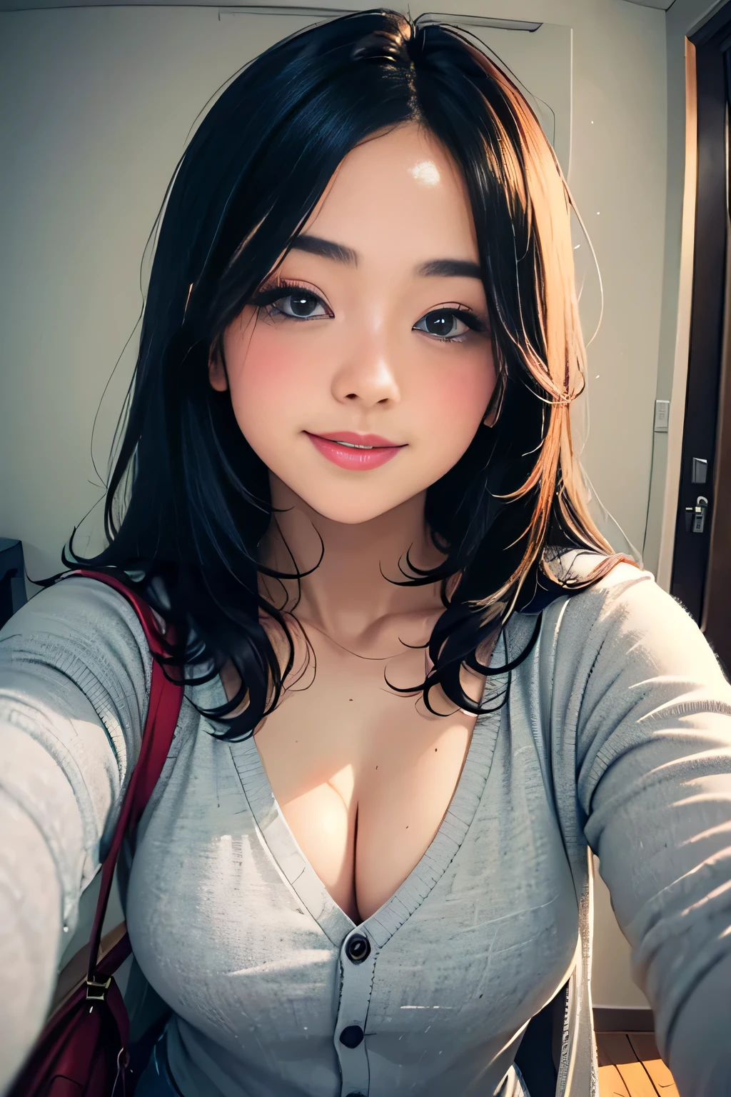 Amazing portrait of a sexy woman wearing her long straight luscious black hair, seductively gazing and smiling, soft lips, parted, blushing intensely, smiling, white t shirt, grey cardigan, baggy jeans, medium chest, perfect body