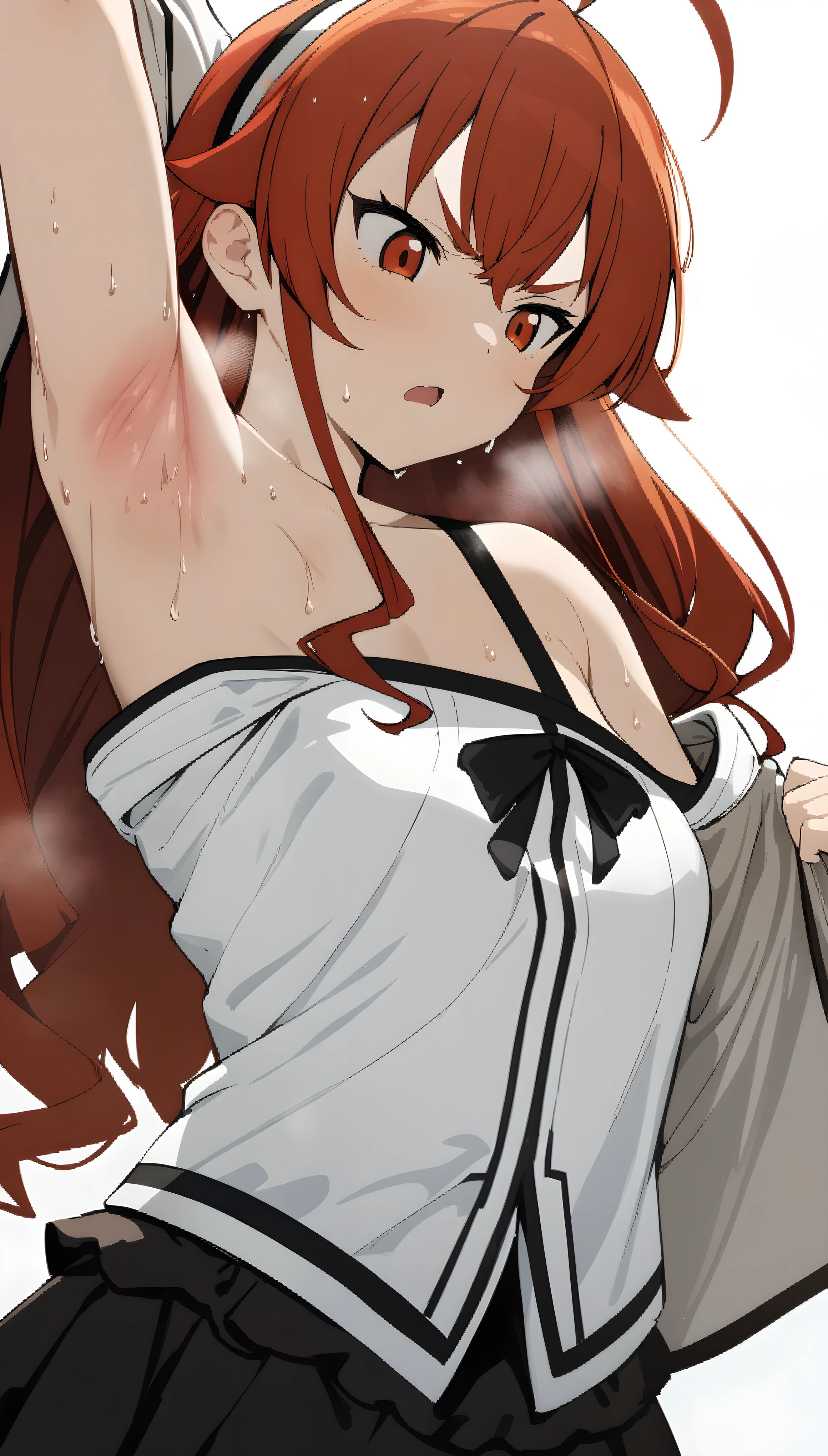 (masterpiece:1.2), hyper detail, best quality, (intricate_details:1.1), beautiful detailed, beautiful hair, solo, 1girl,Eris Greyrat,white jacket,cropped jacket,frilled skirt,black skirt,white shirt,((shirt half off shoulder)),sweating,heavy breathing,steam,frown,scowl,open mouth,young girl,((jacket half off shoulder)),shoulder,upper body,hand holding jacket,sweating,heavy breathing,steam,open jacket,greasy shoulder,from below,looking down,flipped hair,armpit,greasy armpit,from side, shoulder focus,wet clothes,((armpit focus)),bare shoulder,looking at armpit,pov,