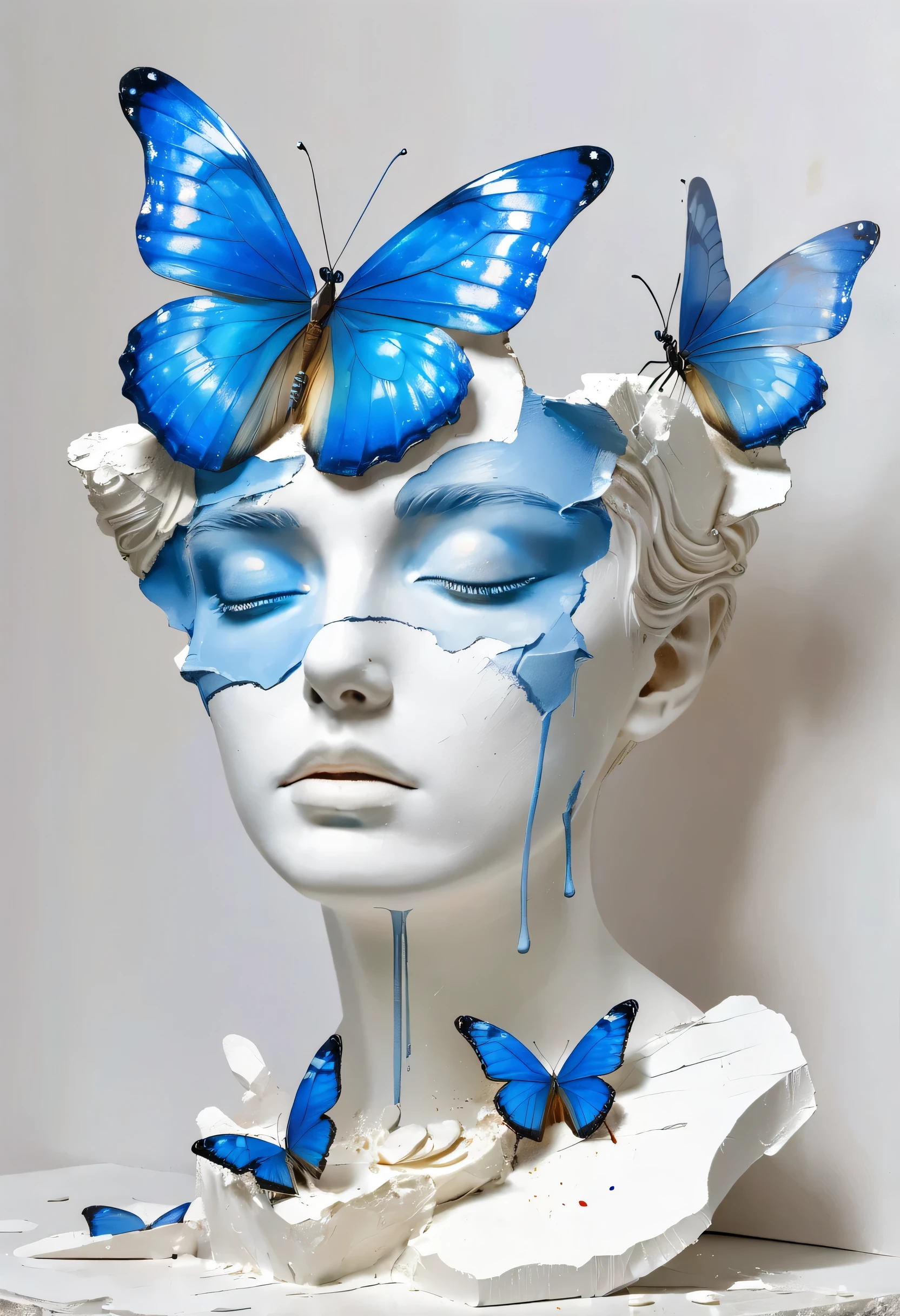 Art work，3D，A delicate blue butterfly in the portrait on a broken white plaster statue，Low paint，grace，