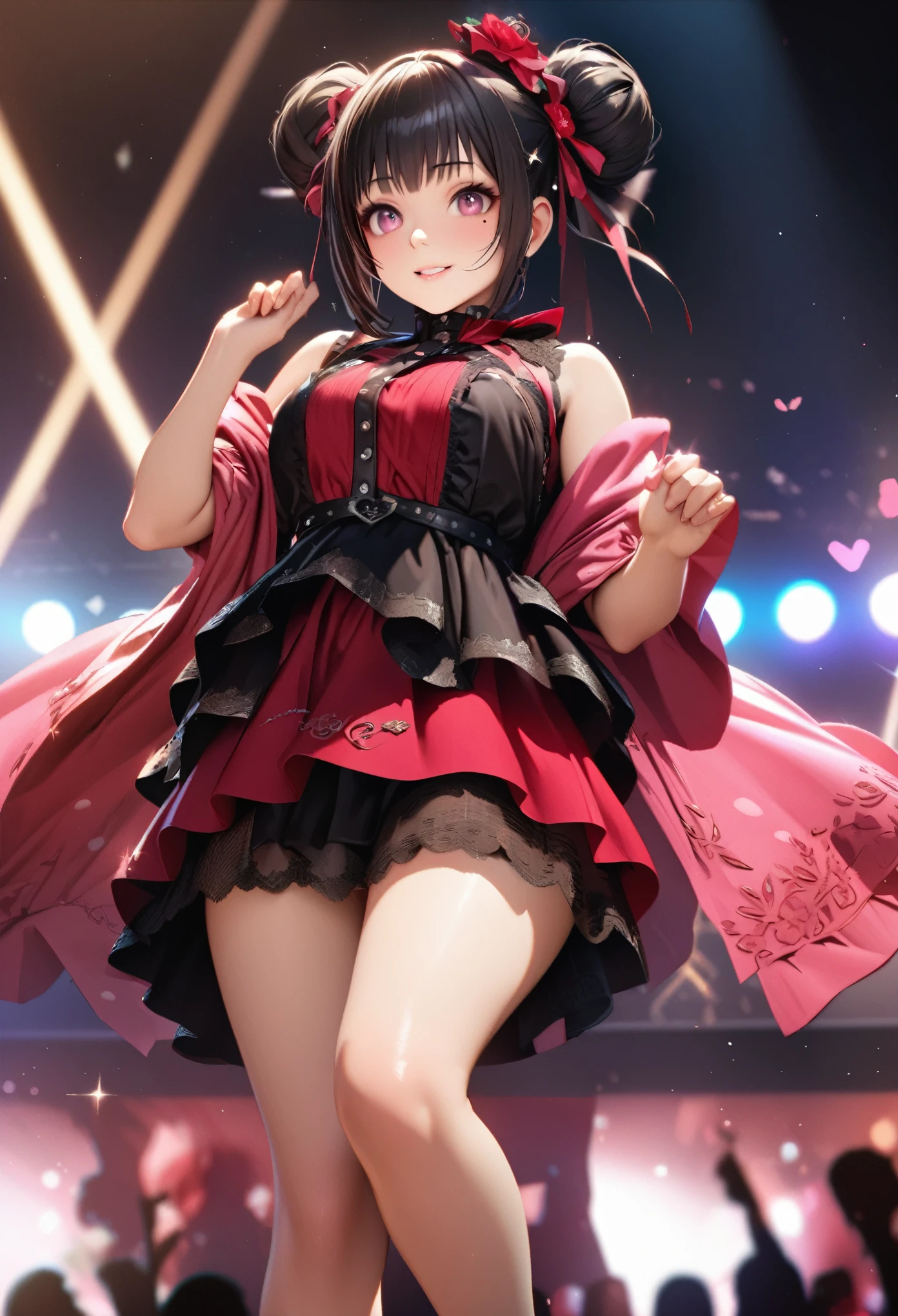 One Girl、Looking at the audience、
Beautiful pink eyes、black hair bun、,Mole under the eye、Plump and glossy lips、Heart-shaped choca、Idol、Her name is Rico,smile、ー、。.。.。.。.。.。.。.。.。.。.。.。.。.。.。.。.。.。.3D、Realistic、
Idol衣装、Short skirt,Drape clothes、gem、The decoration has been removed、Floral、Lace trim,On a glittering stage、
masterpiece、highest quality、8k、Detailed skin texture、Detailed cloth texture、Beautifully detailed face、Intricate details、Very detailed、
超A high resolution、8k Ultra HD、Film Grain、Best Shadow、delicate、Gazing at the audience、front