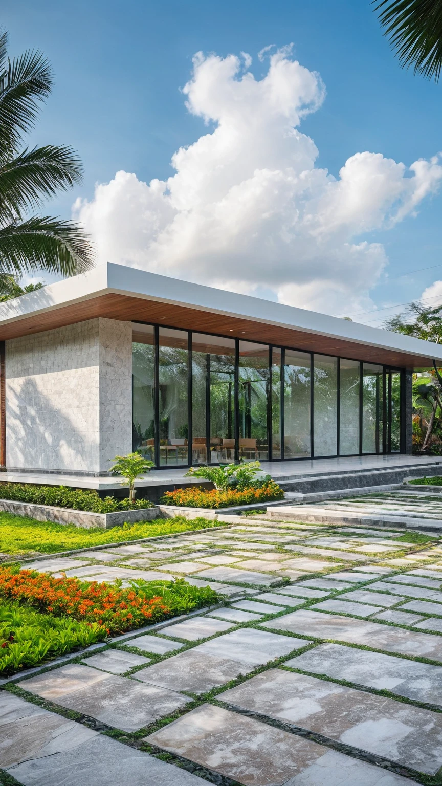 Raw photo,Masterpiece, high quality, best quality, authentic, super detail, soft lighting, high quality,
exterior, outdoors, house style modern on the street vietnam, white wall, tile wall, covered with granite, glass door, glass railing,
road ,pavement, grass, trees, blue sky, cloud, (day:1.1), vivid colour, (realistic:1.2), 
