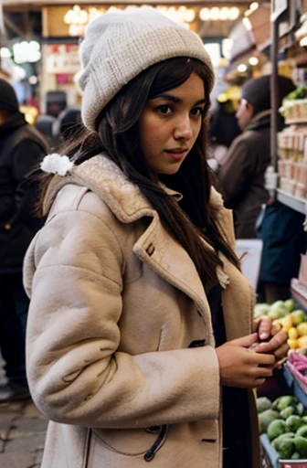 a girl at the market buys a sheepskin coat from an Arab