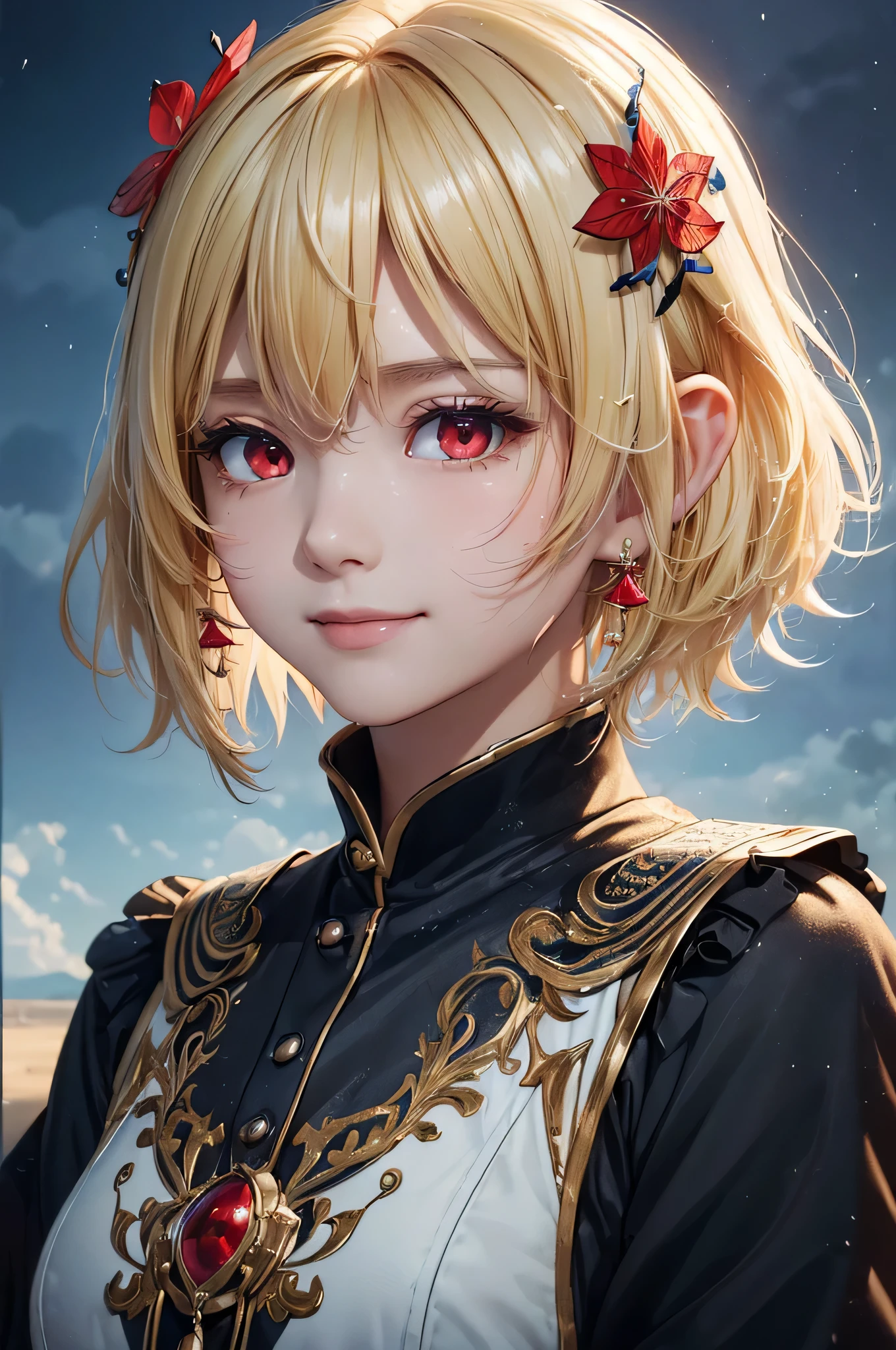 (8K、Live Shooting:1.2)、highest quality、Ultra-high resolution、Dramatic angle、(Fine splashes of color fly), People Shooting:1.3, (((1 girl)))、elf、elf ears、(((Blonde)))、(((Short Hair:1.4)))、dark-red tips of hair, (blond to dark-red ombre hair)、(Hair color with red tips)、(((red eyes)))、3d game character、(Rain Wet:0.9)、 (hair ornaments:1.4)、(portrait:1.5)、masterpiece、Best Quality、Beautifully painted、Very detailed、(Noise Reduction: 0.6)、((Ink Refraction))、(Beautiful detailed sky)、moon、Very detailed、(masterpiece、Best Quality、Very detailed) CG Unity 8k Wallpaper、masterpiece、highest quality、Super detailed)、evil smile, professional light, close-up:1.4