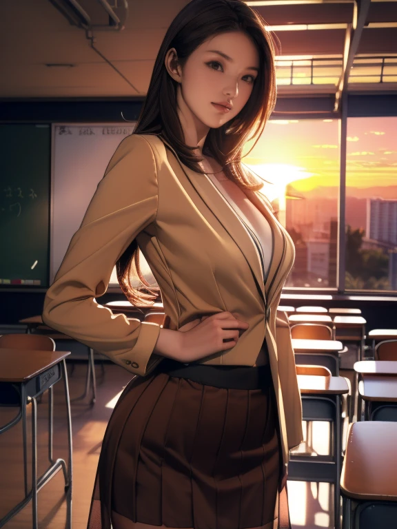 (8k,Photorealistic, masutepiece, Best Quality, Raw photo:1.3)、1woman in, 25years old,Solo,teacher, Long hair, Brown hair, Detailed beautiful face, alluring face, (Detailed beautiful brown eyes:1.2), medium breasts,(loose suit, sheer Skirt :1.35), ( Perfect body skinny beauty: 1.4),( temptation Pose:1.3), (Looking at Viewer, front view,eyes focus:1.2), Detailed background, (sunset:1.2), classroom,fine detailed, intricate detailes, Ray tracing, depth of fields, seductive smile,classroom,