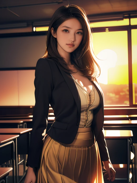 (8k,Photorealistic, masutepiece, Best Quality, Raw photo:1.3)、1woman in, 25years old,Solo,teacher, Long hair, Brown hair, Detailed beautiful face, alluring face, (Detailed beautiful brown eyes:1.2), medium breasts,(loose suit, sheer Skirt :1.35), ( Perfect body skinny beauty: 1.4),( temptation Pose:1.3), (Looking at Viewer, front view,eyes focus:1.2), Detailed background, (sunset:1.2), classroom,fine detailed, intricate detailes,  Ray tracing, depth of fields, seductive smile,classroom,