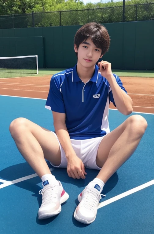 Beautiful boy、Tennis court、Cute Boys、20-year-old、japanese boy、Sitting with legs crossed、Spread your legs、Tennis Wear