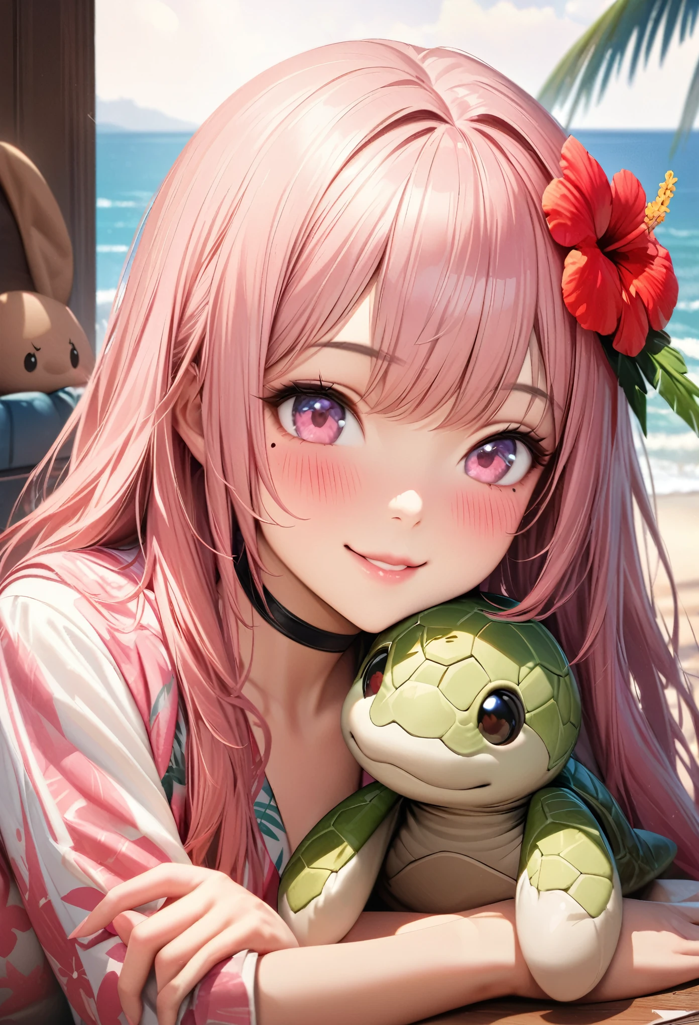 Masterpiece, Best Quality, Highly Detailed, High Definition, High Definition, High Definition, 4k, 8k, Unity 8K Wallpaper, Highly Detailed CG, Masterpiece, Realistic, Beautiful Details, Depth, Fine Texture, Best Quality: 1.3, Total concentration, perfect skin, boyfriend, very cute anime, cute like an idol, tall pink semi-long hair, one girl, Hawaiian dress, cute stuffed rabbit, stuffed sea turtle, palm tree, greeting, hibiscus hair decoration, smile, afternoon, coffeetime,long pink hair, whole body, mole under the eye, gaze, high, blush, lips parted, his art, pink eyes, choker